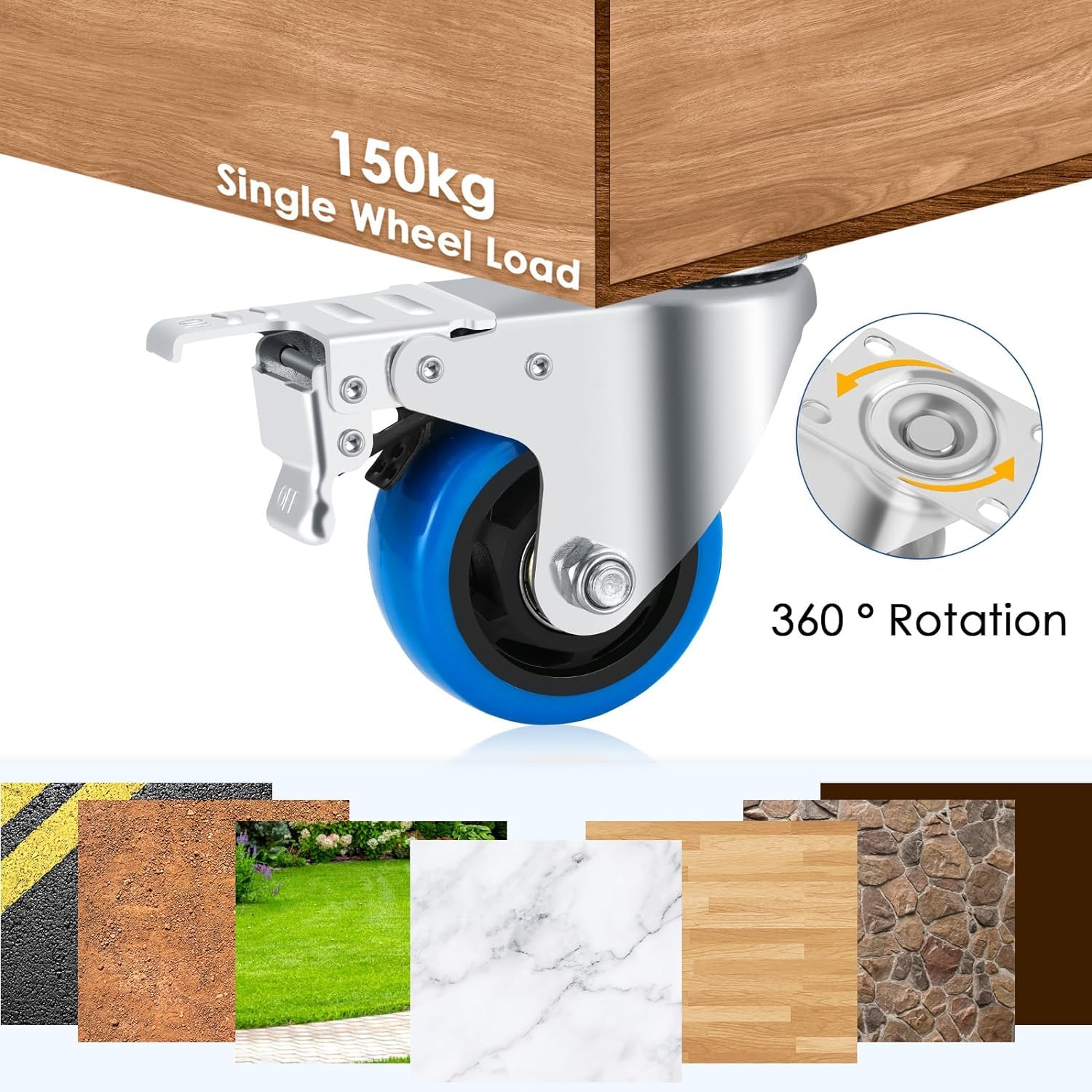 4 heavy duty wielen 125 mm, zwenkwielen met rem tot 600 kg, ON/OFF 2-pedaal remsysteem, geen schade aan de schoenen, geen sporen en stil, wielen voor meubels, transportwielen