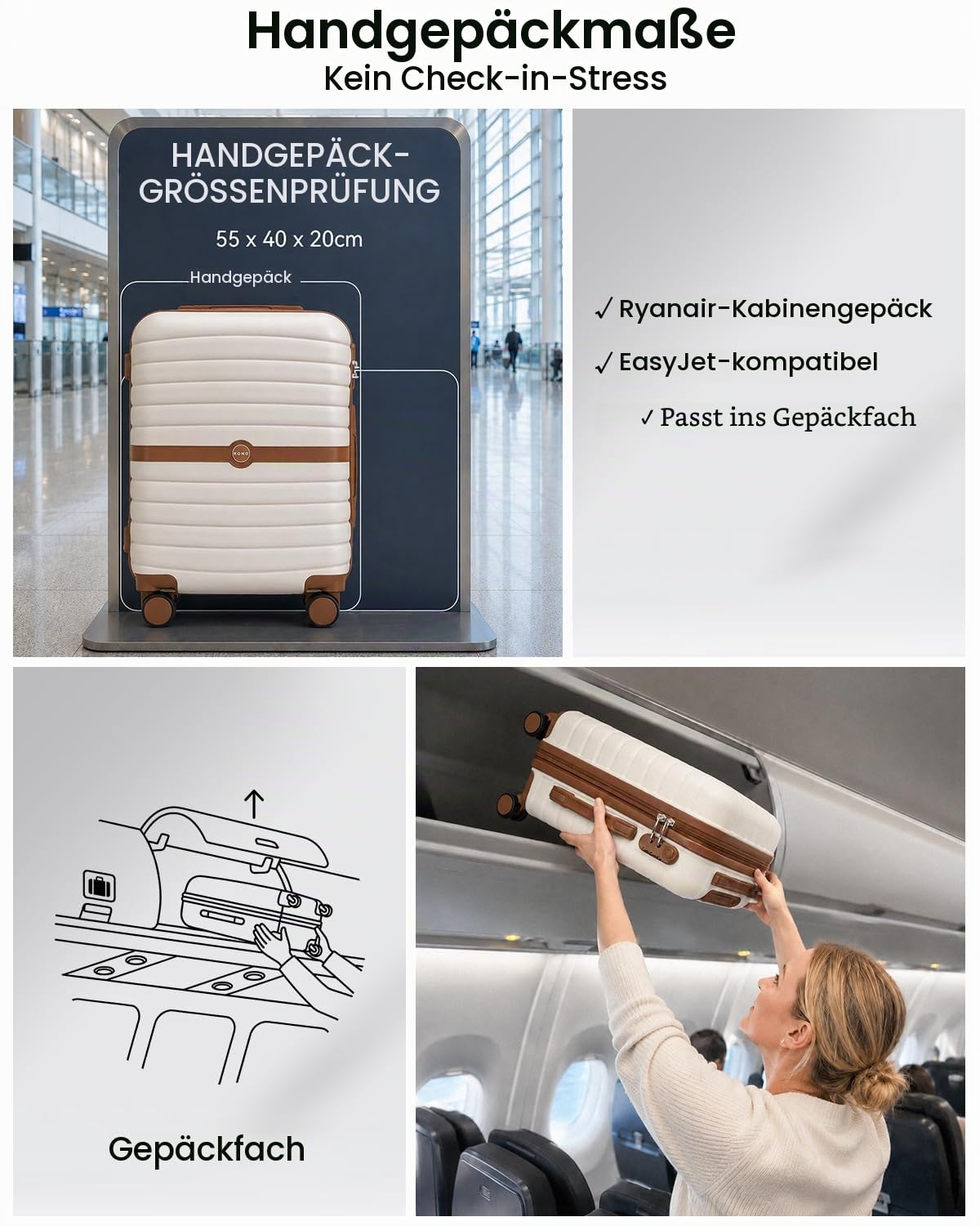 KONO Handgepäck Koffer 55x40x20 cm, Hartschalenkoffer aus ABS+PC, Leichter Reisekoffer mit 4 Rollen, Zahlenschloss und Teleskopgriff für Flugreisen (Creme/Braun)