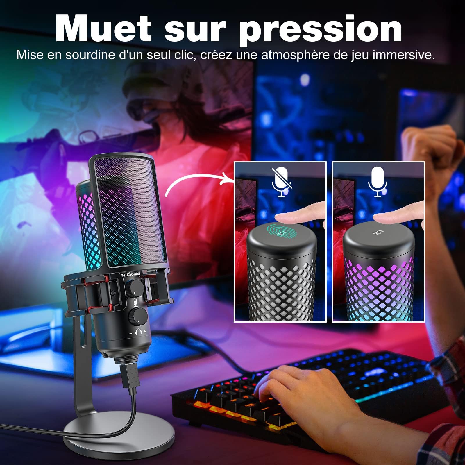ZealSound Gaming Microphone, Micro USB à condensateur RGB pour PC, Handy, PS4 & PS5, mit support anti-vibrations & Filtre anti-pop, per Jeux, Streaming, ASMR, Podcasts,YouTube,Twitch,TikTok-Tout métal