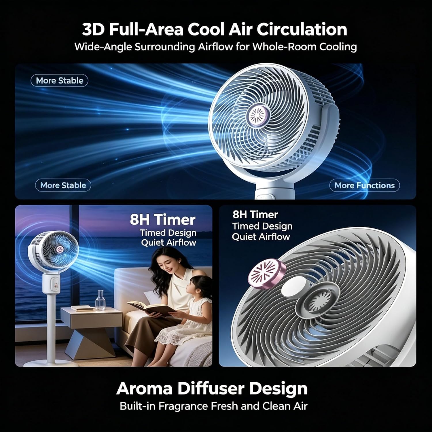 Ventilador de pie para dormitorio, 3 velocidades, USB, circulador de aire para toda la habitación con oscilación de 90° y altura ajustable, ventilador de pedestal silencioso para el hogar, oficina