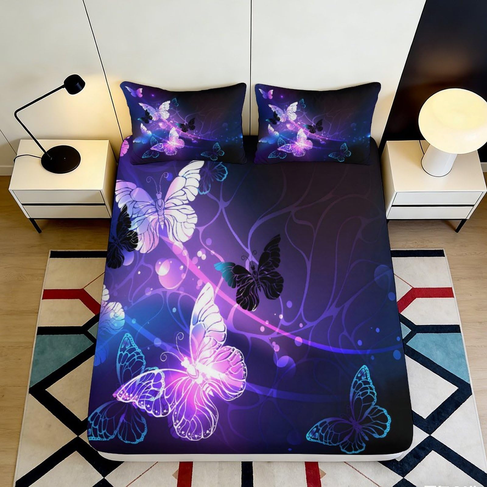 3D Printed Butterfly Pattern Fitted Sheet Microfiber Soft Breathable Neon Glow Bed Cover for Bedroom Dormitory Guest Room Mattress Protection Decor 160x200x25cm