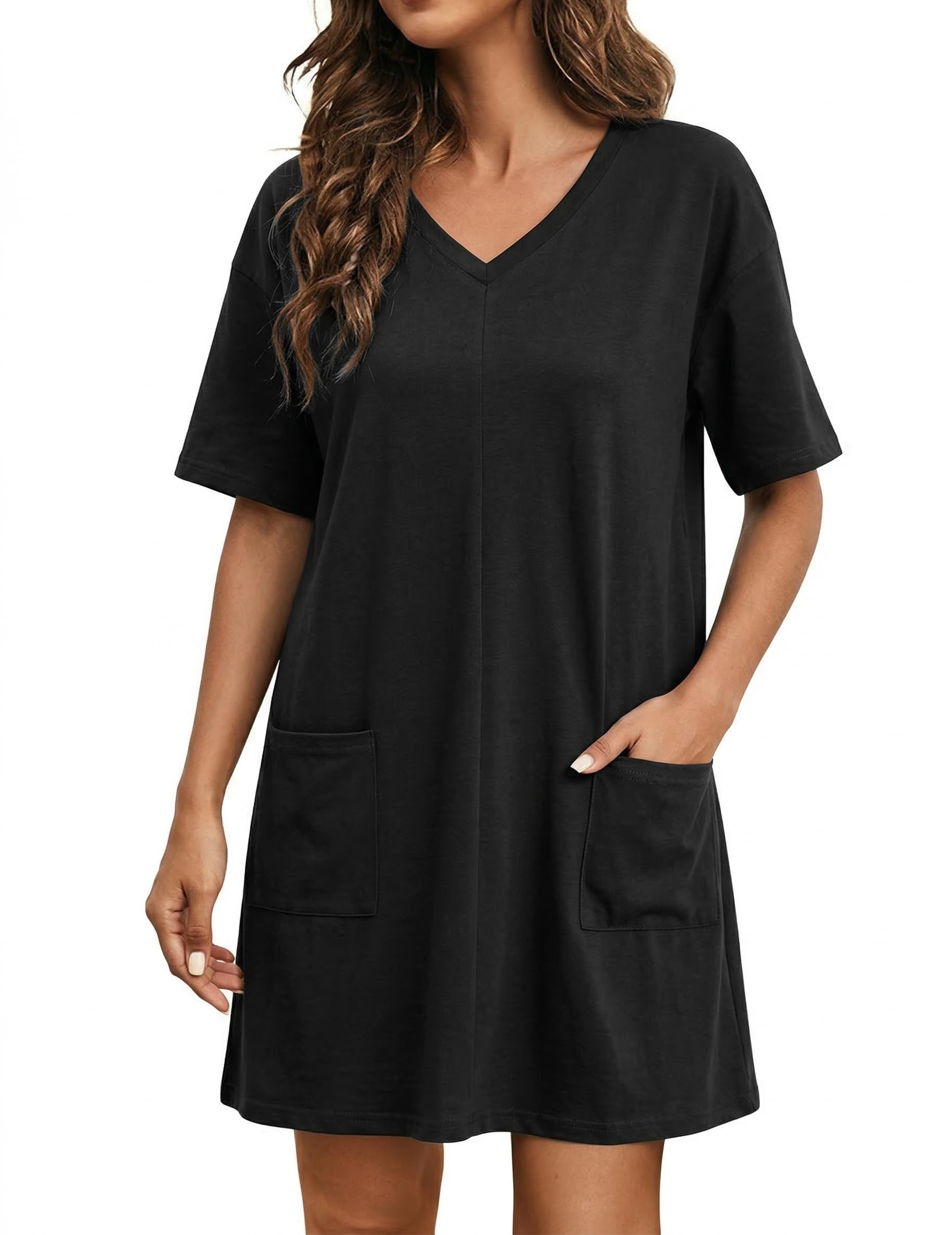 Marvmys Women Cotton Nightgowns Oversized Short Sleeve Lounge Dress Soft Comfy Nightshirts with Pockets Sleepwear S-2XL