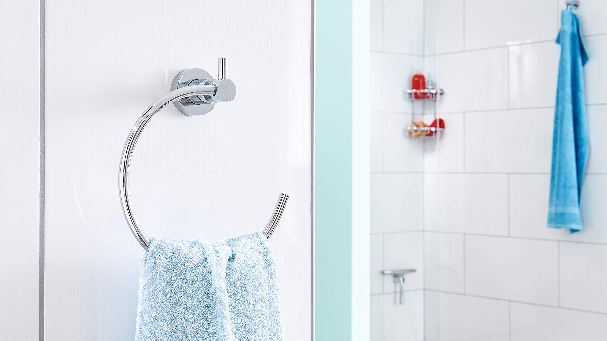 tesa Loxx Anilla de toallas de baño, metal brillante cromado, autoadhesiva, tecnología adhesiva de montaje, 210 x 185 x 76 mm