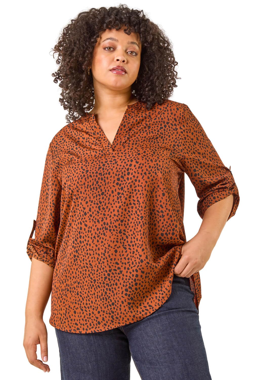 Roman Originals Women's Rust Plus Roman Shirt For Uk Top Collarless Blouse Stretchy Tunic Smart Casual Autumn Winter Jersey 3/4 Length Sleeve Notch V Neck Flattering Office Work - Size 2224