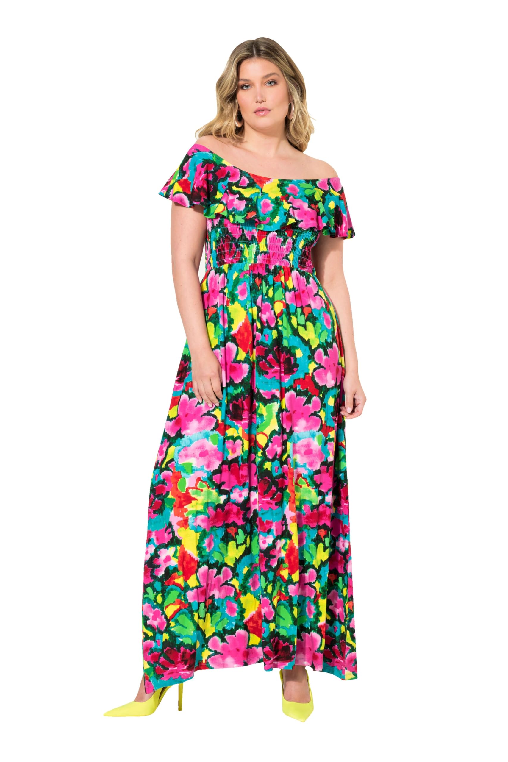MIAMODA Damen große Größen Übergrößen Plus Size Jersey-Maxikleid, Blumendruck, gesmokte Büste, Carmenausschnitt, Halbarm 833975