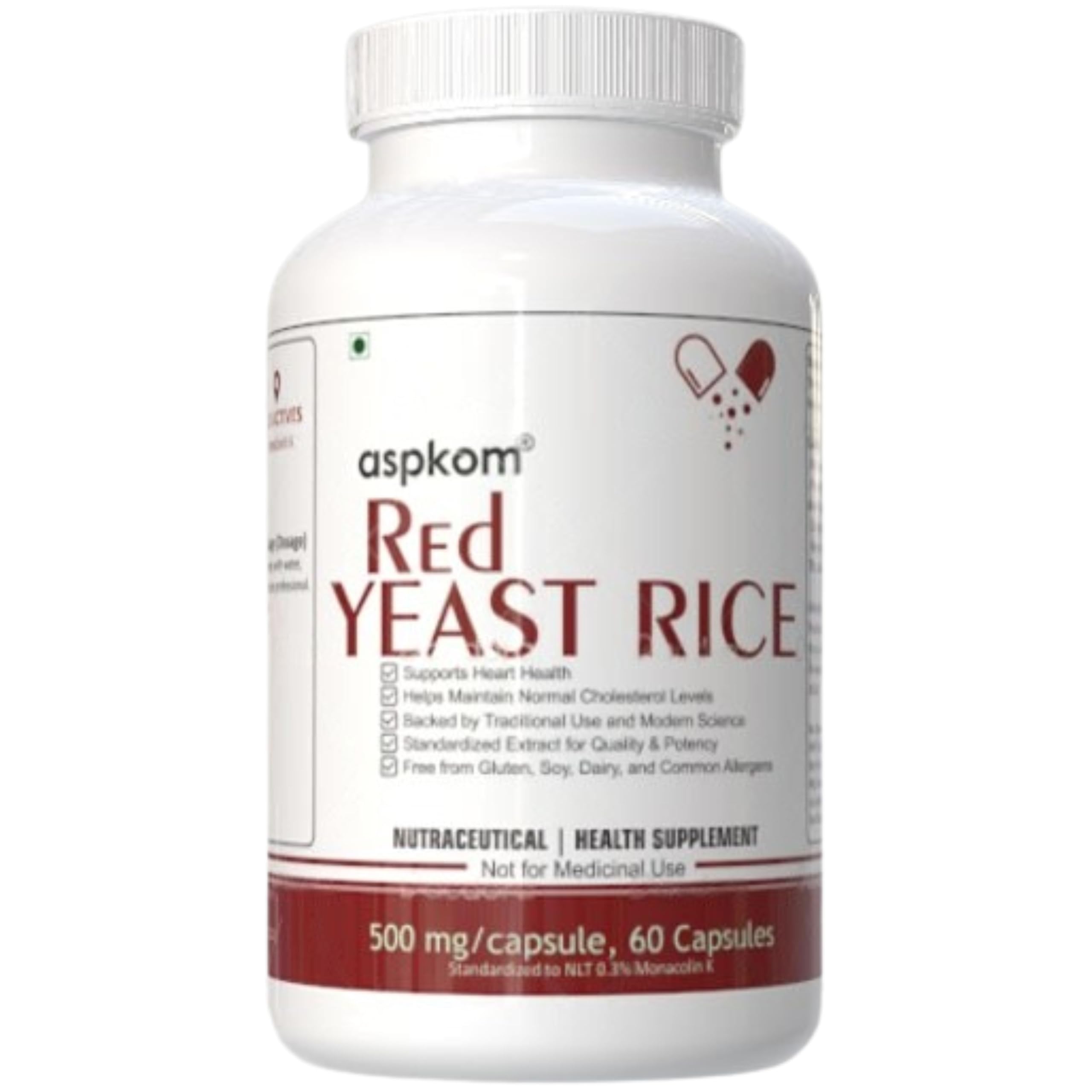 aspkom Red Yeast Rice Extract 500mg (60 Vegan Capsules) Standardized to 0.39% Monacolin K | Herbal Supplement Clinically Validated for Heart Health and Cholesterol Support-image-27
