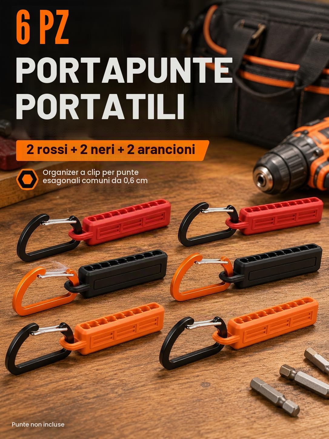 Porta Punte Trapano Vuoto, 6 Pezzi 10 Fori Organizer per Trapano Esagonale da 1/4", con Gancio a Clip, Striscia di Immagazzinaggio Punte in Gomma, Rapido Recupero e Conservazione