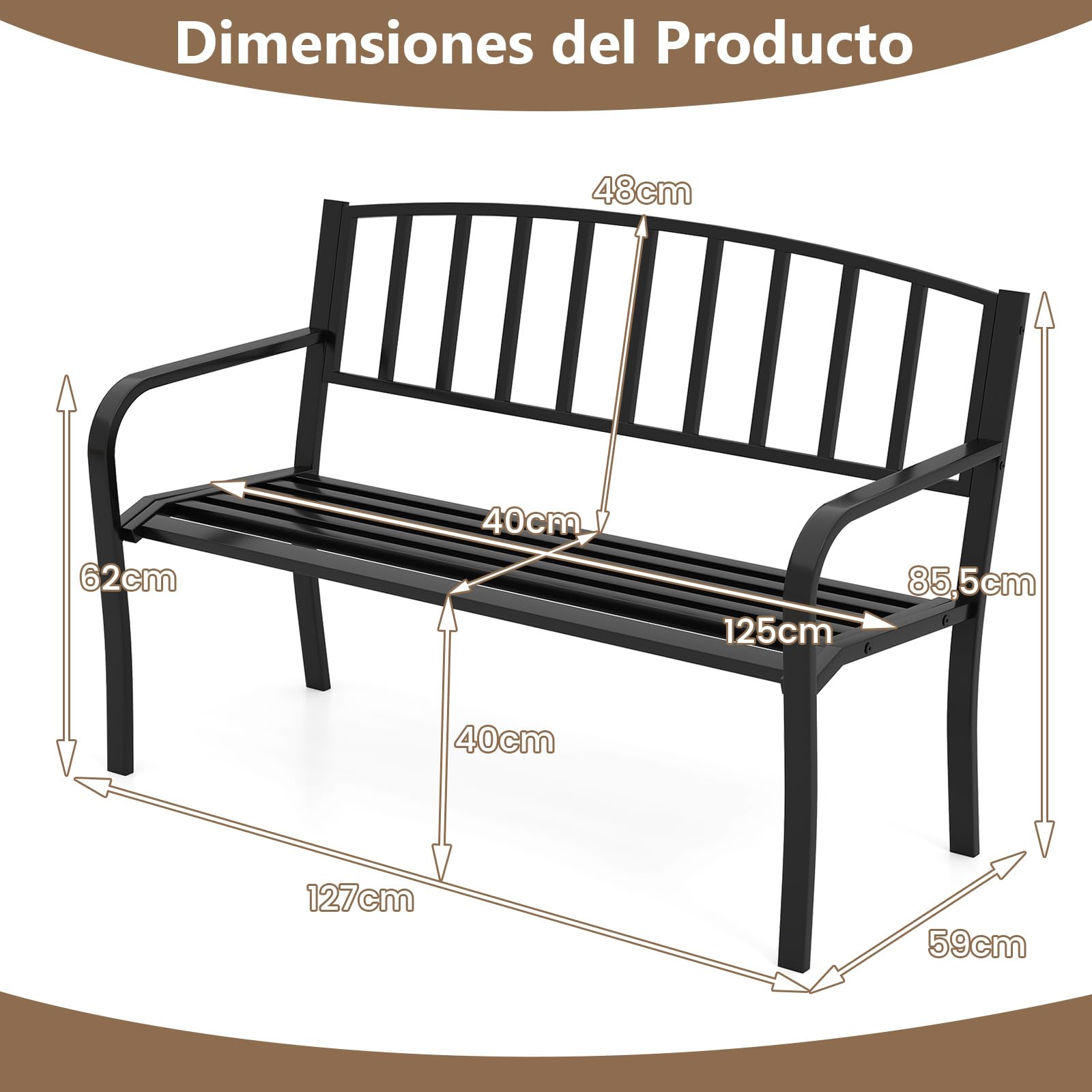 COSTWAY Banco Jardin para 2-3 Plazas, Banco Exterior de Metal, Respaldo de Listones y Reposabrazos Curvos, Terraza Patio Balcon, Carga 300kg, 127 × 59 × 85,5 cm, Negro