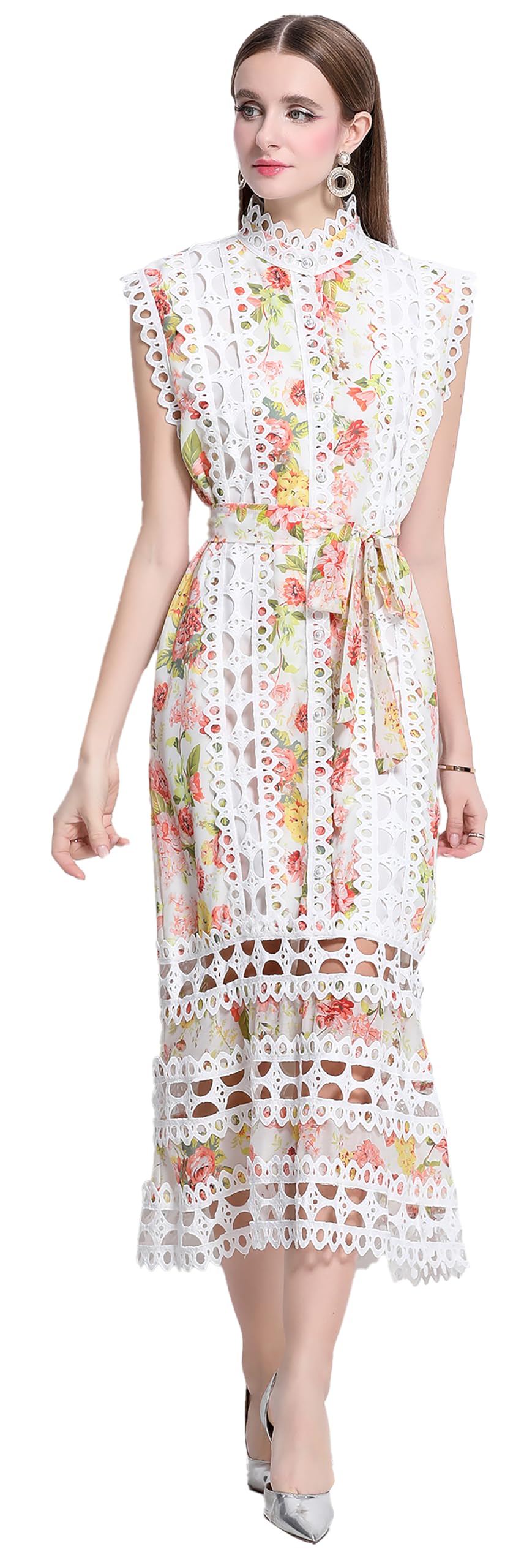 Women's Sleeveless Hollow Out Lace Print Button Up Casual Midi Party Dress