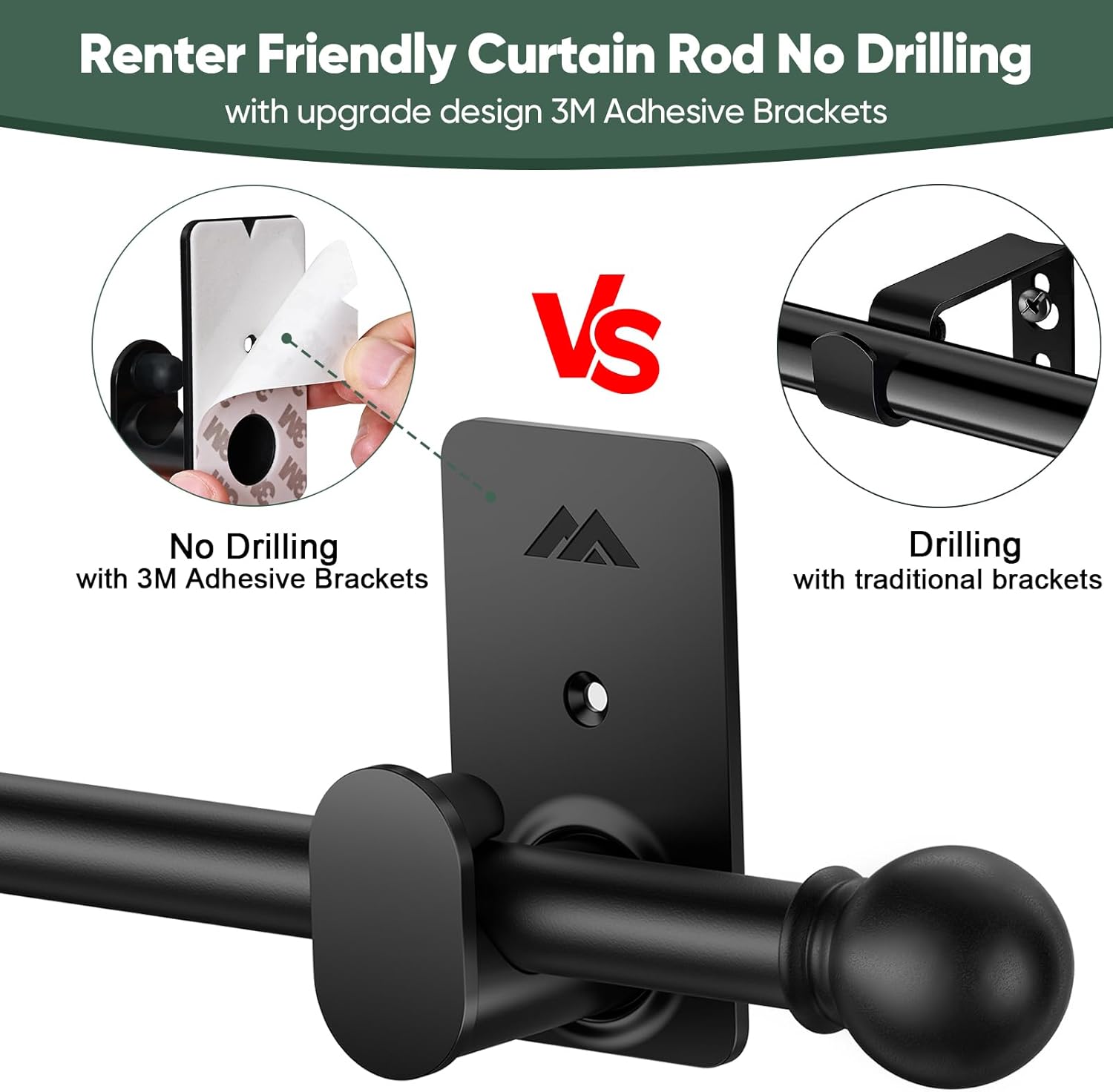 ZNONOX Curtain Rods No Drilling for Windows 30 to 120 Inches,5/8 Inch Diameter No Drill Curtain Rod Set with 3M Adhesive Brackets, Black