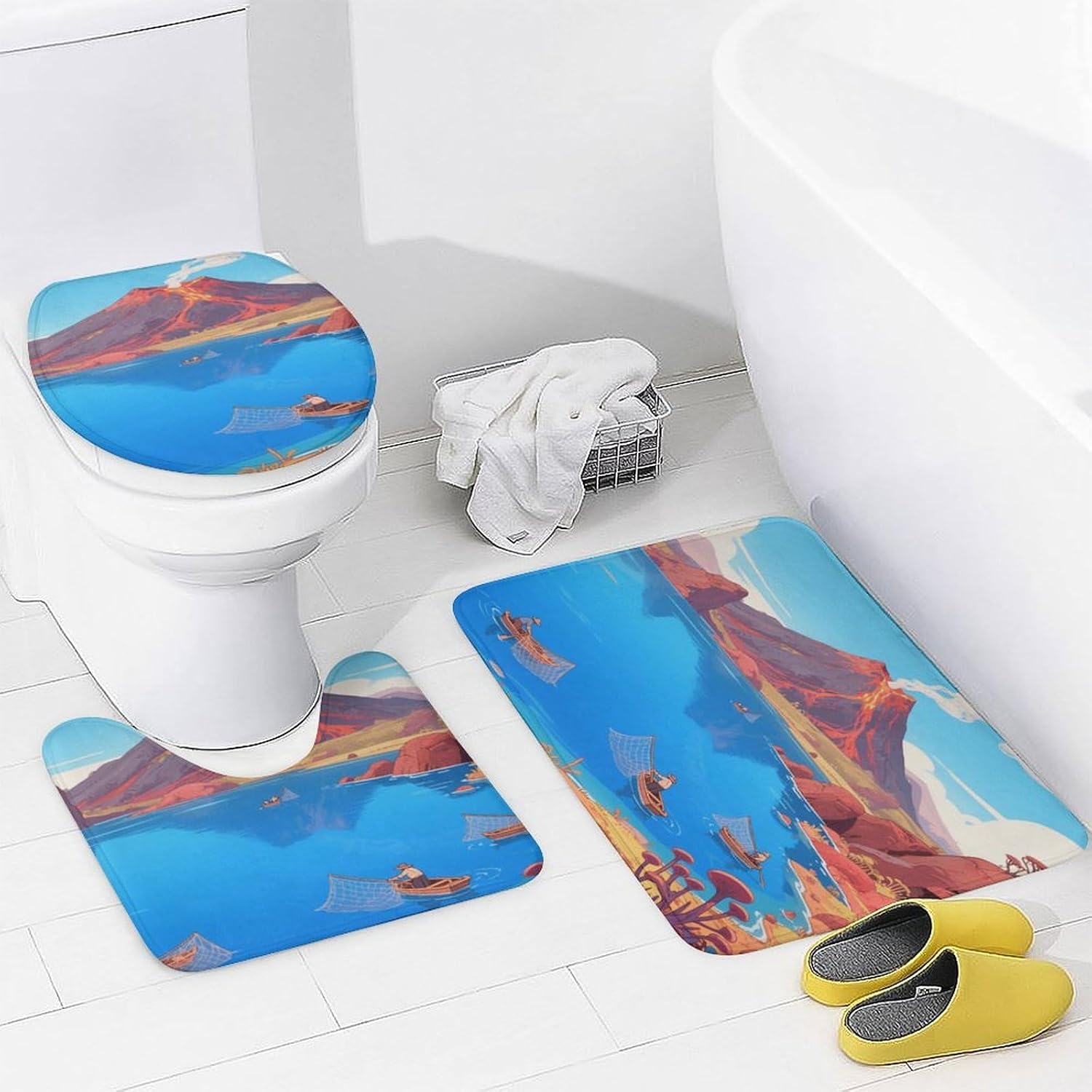 Crater Lake Bath Rug Set 4 Piece,Bathroom Accessories Set-Toilet Rugs U Shaped,Toilet Lid Cover,Shower Curtain and Rugs,Ultra Soft, Absorbent,Home Decor