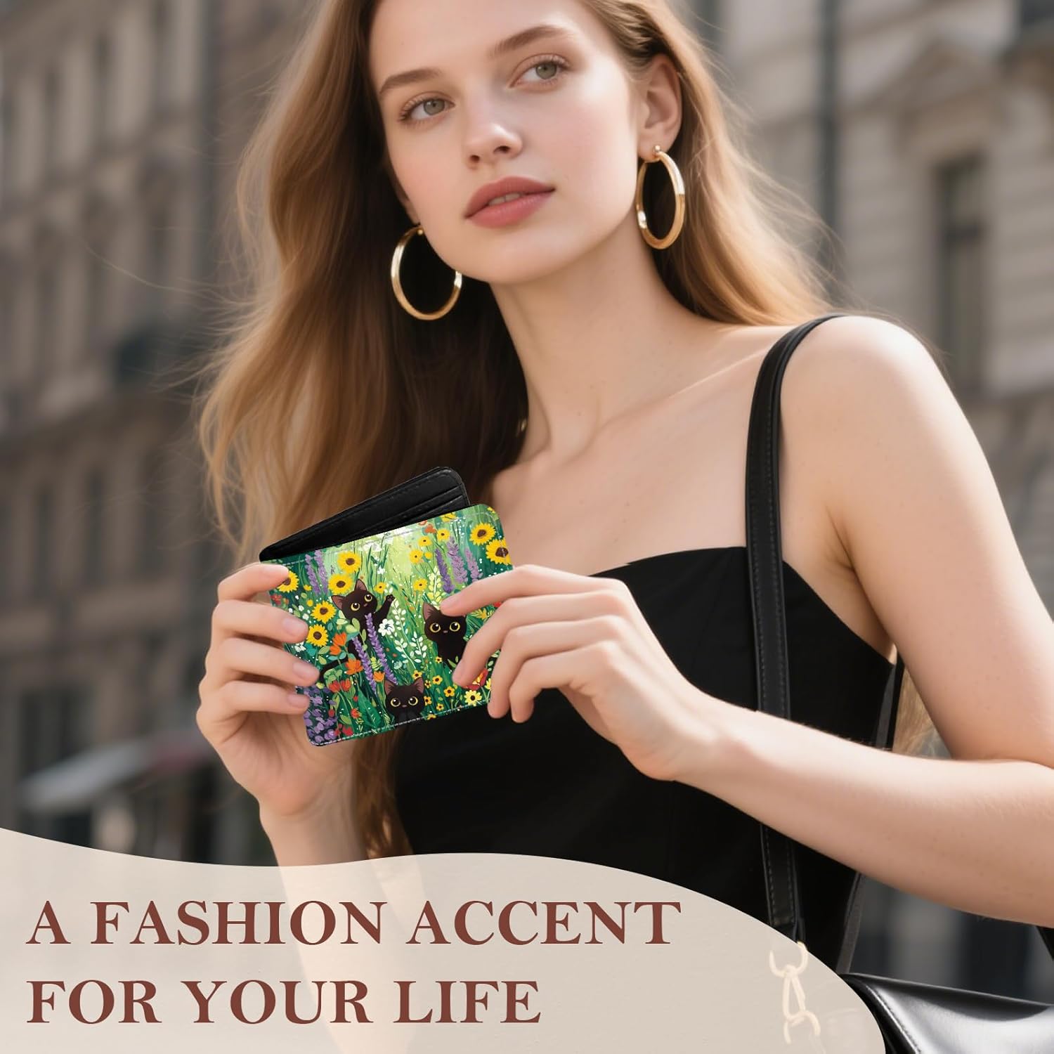 Black Cat Bifold Wallet for Men, Women, Cat and Flower Small Slim Coin Pocket Wallet with ID Window for Cat Lover, Green Flowers Gift for Female Ladies - Image 4