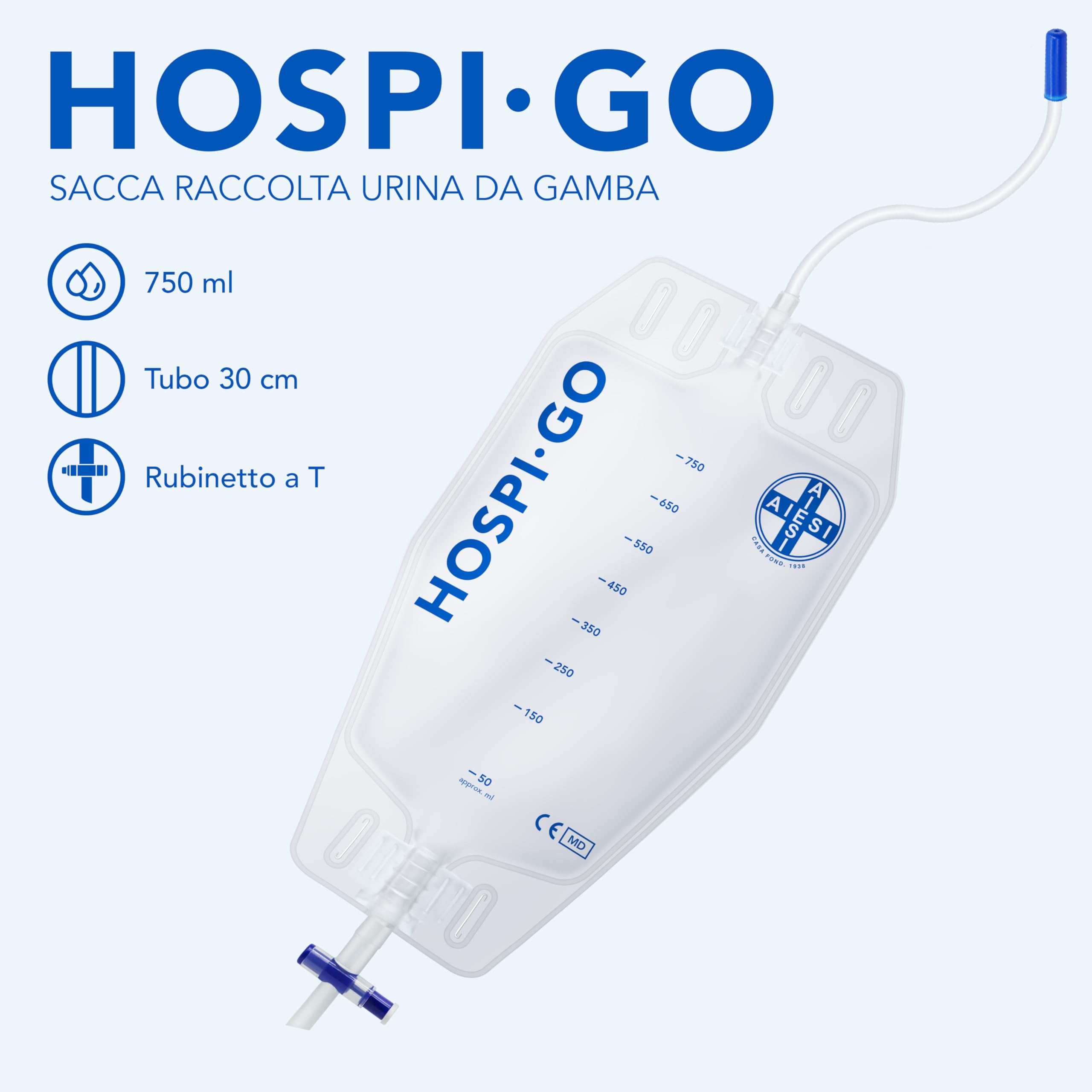 AIESI Bolsas de orina de piernas 750 ml tubo 30 cm con grifo de descarga cruzado válvula antirreflujo Paquete de 50 piezas
