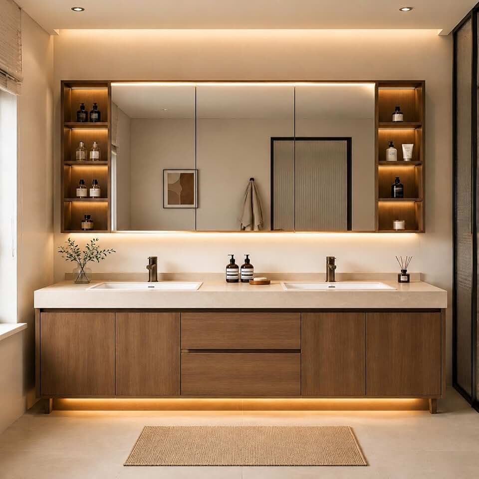 100 IN Freestanding Double-Sink Bathroom Vanity with LED Mirror Cabinet