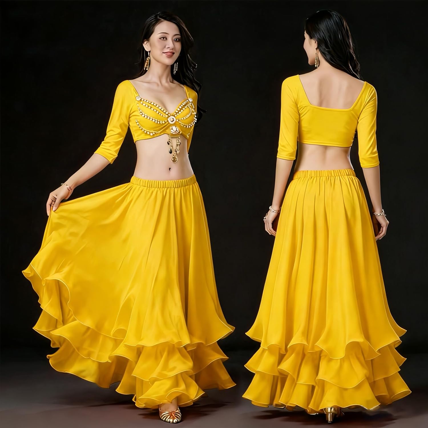 Women's 3-Layer Chiffon Hem Big Swing Skirt Belly Dance Spanish Long Skirts - Image 3