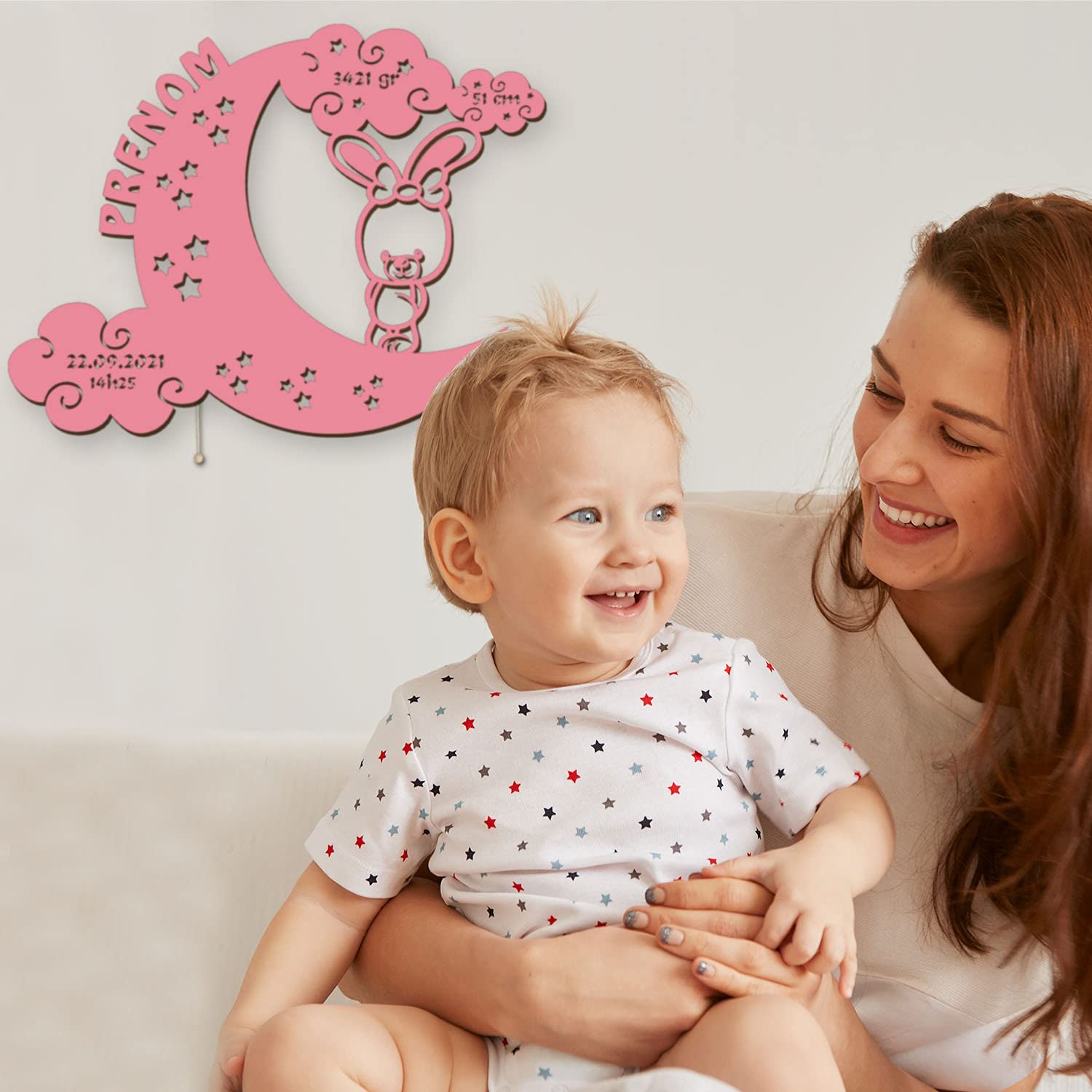 Namofactur Lampe Led Murale – Veilleuse Lapin Sur Lune Pour Bébés – Prénom, Date De Naissance, Poids Et Taille Personnalisable - Idée De Cadeau Pour Nouveau-Nés, Parents, Anniversaire