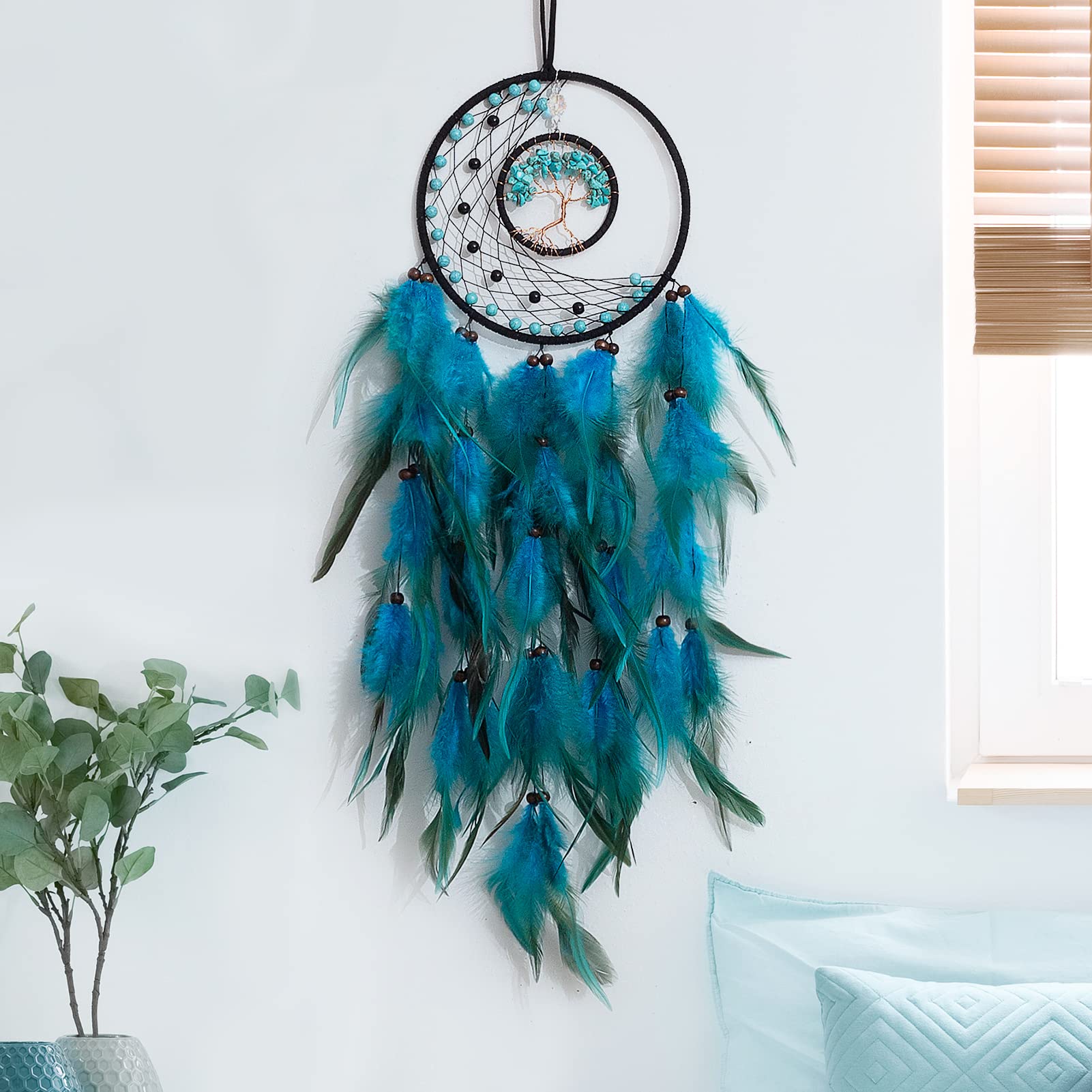 Dream Catchers with Tree of Life and Feather Indian Handmade Moon Dreamcatchers for Boho Wall Hanging Decoration, Ornament Festival Gift (Turquoise Tree of Life)