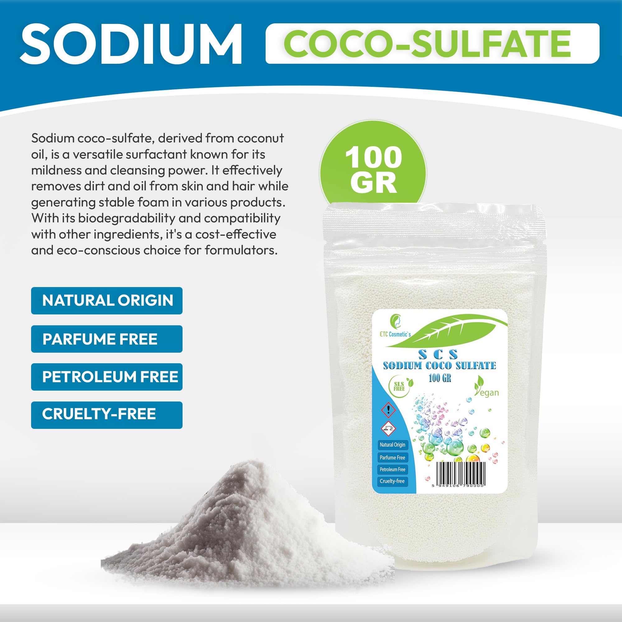 SCS Coco-siarczan sodu - 100 g - może być stosowany w barze szamponowym, szamponie w płynie, do mycia ciała, żelu pod prysznic i barze prysznicowym, syndet bar, różne preparaty do kąpieli