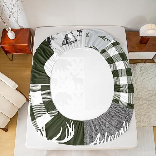 Miniatura 87 de Sábana bajera ajustable de oso de caza, juego de ropa de cama a cuadros de búfalo, sábanas de retazos de cabaña rústica para niños, niños, Multi