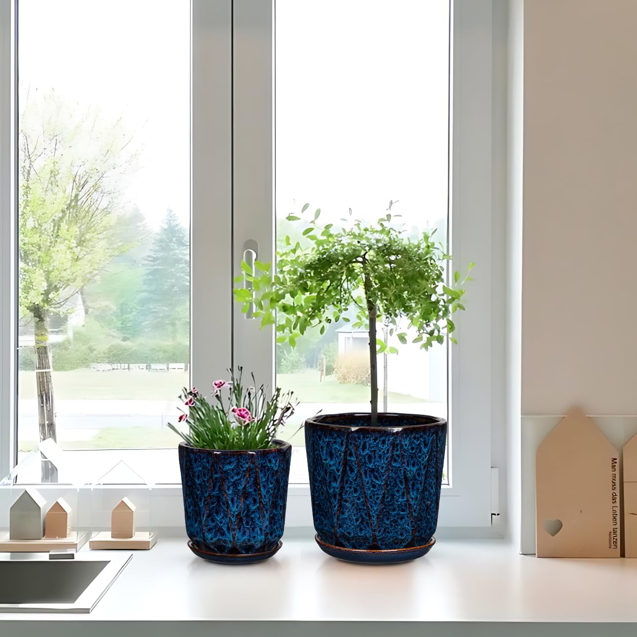 Oairse 2er-Set Blumentopf Keramik 18cm+14cm, Mittelgroßer Zylinder Blumentopf, Reaktive Glasur mit Drainageloch-Untersetzern für Zimmerpflanzen, Retro-Dekoration für Gartenbehälter-Sets im Freien