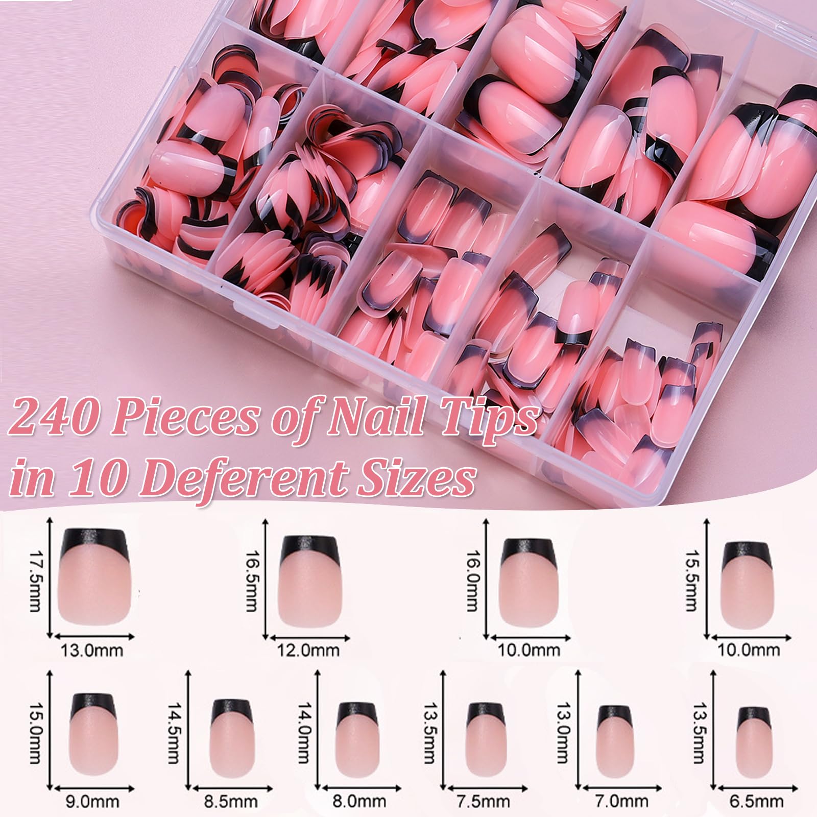 Uñas postizas con punta francesa - 240 uñas acrílicas medianas - Cobertura total - Kit de manicura francesa for mujeres(Pink-Black)