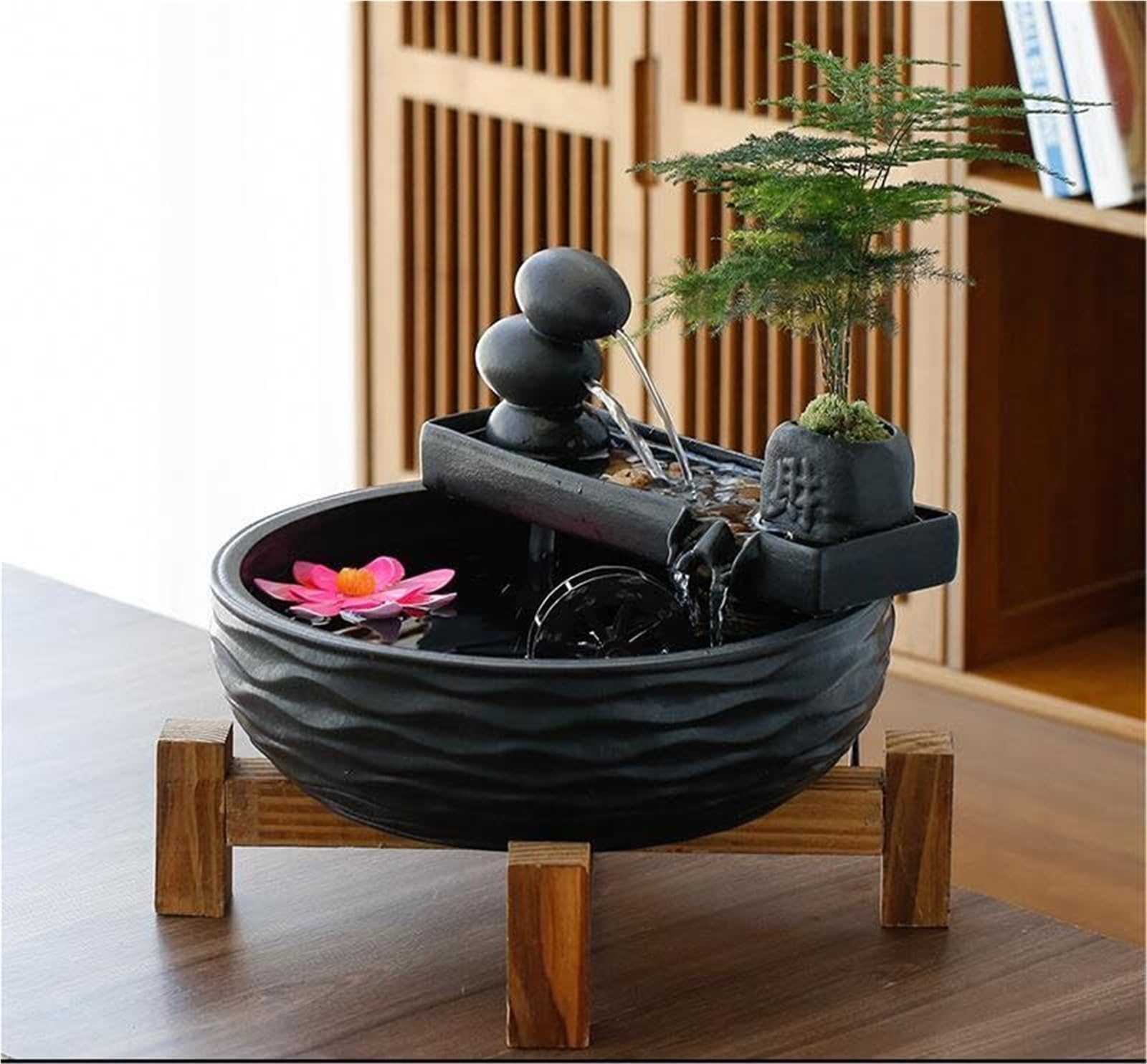 Fuente decorativa de jardín, fuente de agua con cascada, de cerámica, diseño de bambú, con iluminación LED, función humidificadora, bomba de agua, Feng Shui Zen, decoración para salón, oficina, jardín
