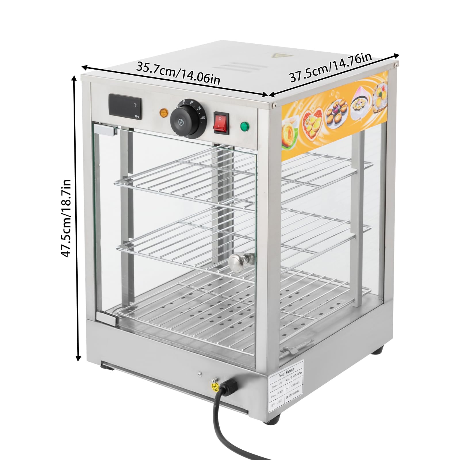 Vetrina riscaldante, contenitore termico, 800W elettrico commerciale con illuminazione, 3 livelli di banco caldo, temperatura regolabile, display digitale, in acciaio inossidabile
