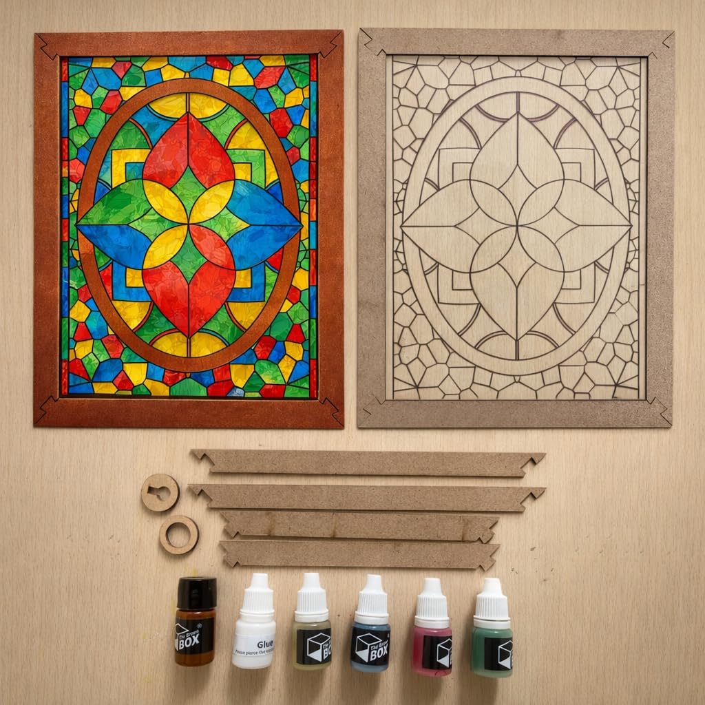 DIY Glass Painting Kit for Wall Decor – Complete Art & Craft Hobby Kit with Printed OHP Sheet, Glass Colours, Acrylic Paint, MDF Frame & Hanging Hook – Creative Activity Gift Kit for Kids(13+) & Adults