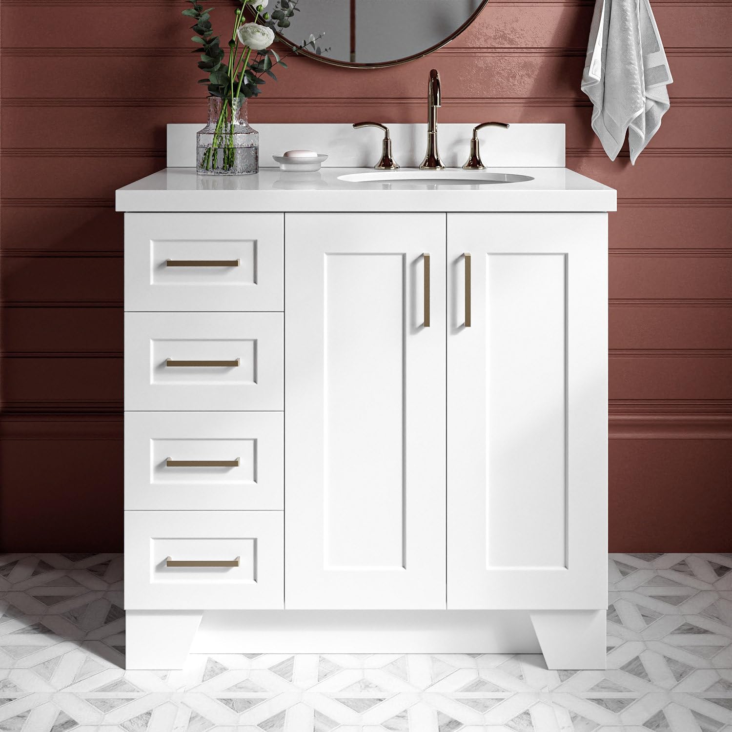 ARIEL Taylor 36-inch Bathroom Vanity with Sink,Solid Wood, 1.5-inch Pure White Quartz Countertop & Backsplash, Single Oval Porcelain Sink, 2 Soft Closing Doors, 5 Dovetail Drawers, White