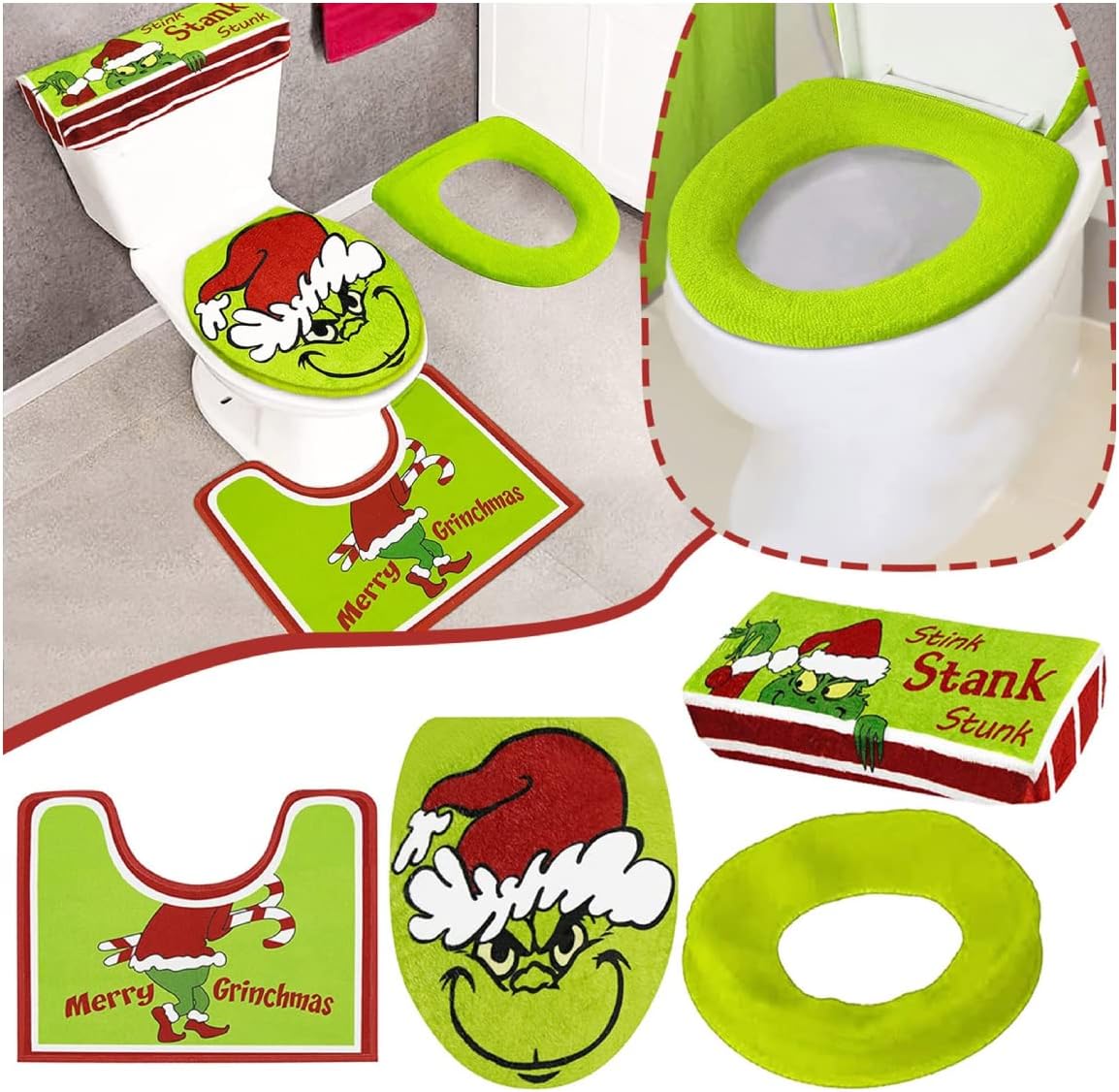 Christmas Toilet Seat Cover And Bathroom Mat Set - Red Flannelette Decor With Non-Slip Backing - View #2