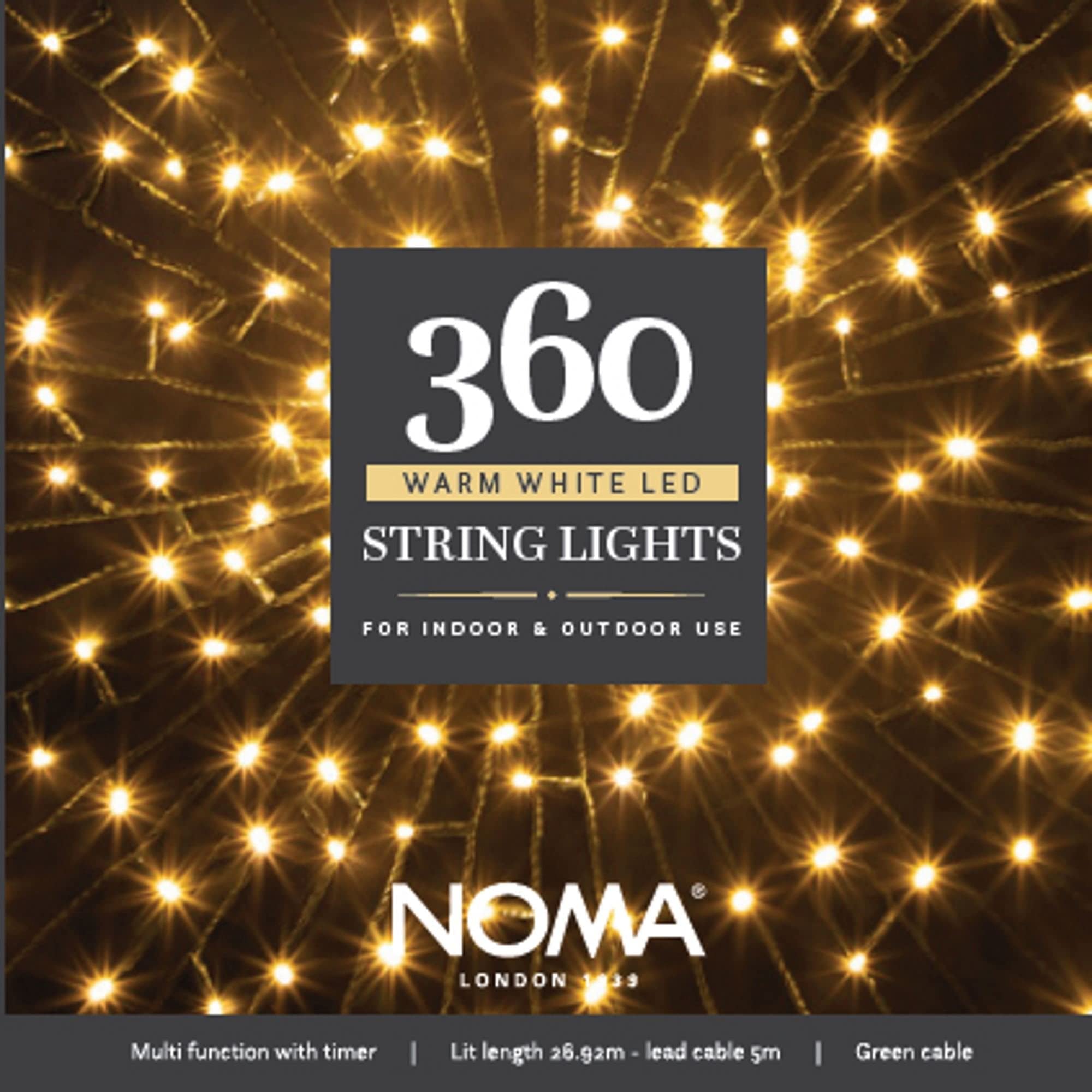 Noma Warm White 360 Led Christmas Tree Lights : Green Cable : Plug-In With Timer :