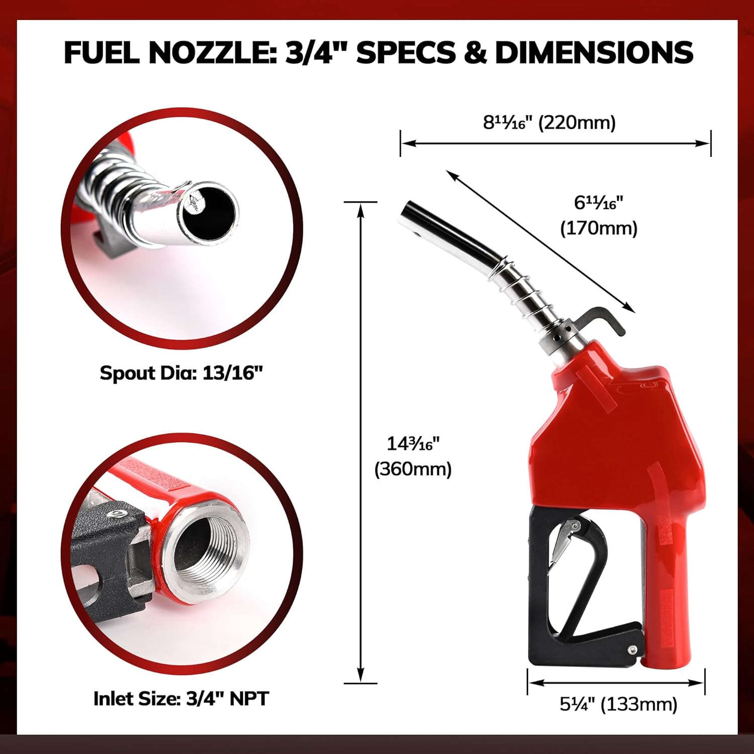 3/4" NPT Automatic Fuel Nozzle, Gas Pump Nozzle with Fuel Hose Swivel & Hook. Auto Shut-Off, Max Flow 16 GPM, 3-Speed Padlock. For Gasoline, Diesel, Kerosene, Biodiesel up to B20. Red