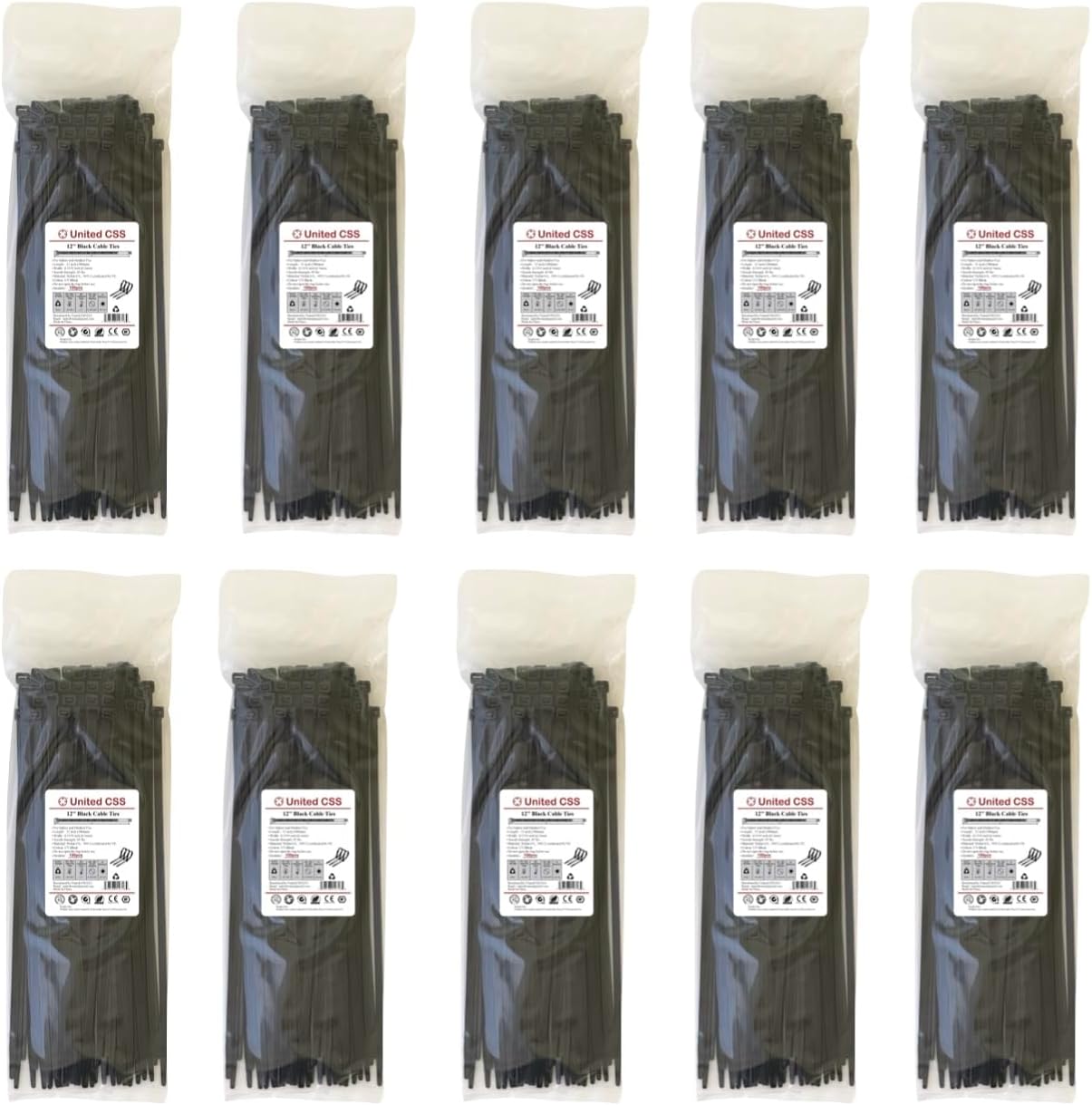 Cable Zip Ties 12 Inch Black, 1000 Pcs, 40 Lbs Tensile Strength, Self-locking UV Resistant Plastic Nylon Wire Ties, for Indoor and Outdoor Use, by United CSS (12" Black 40lb 1000pcs)