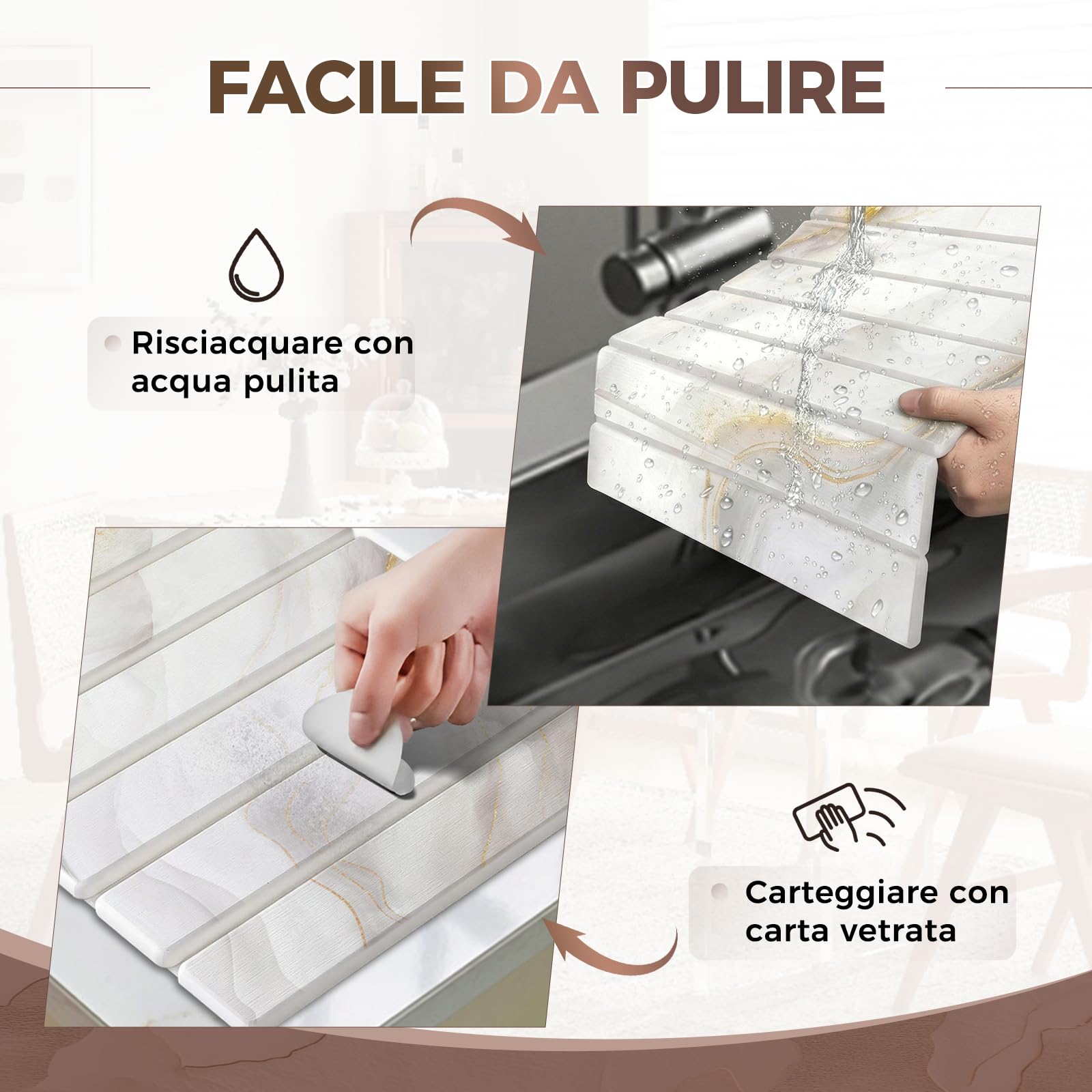 Tappetino Scolapiatti in Diatomite 40 x 30 cm, Tappetino Scolapiatti Assorbente Cucina, Assorbente e Asciugatura Rapida (Bianco Oro, con Porta Saponetta)