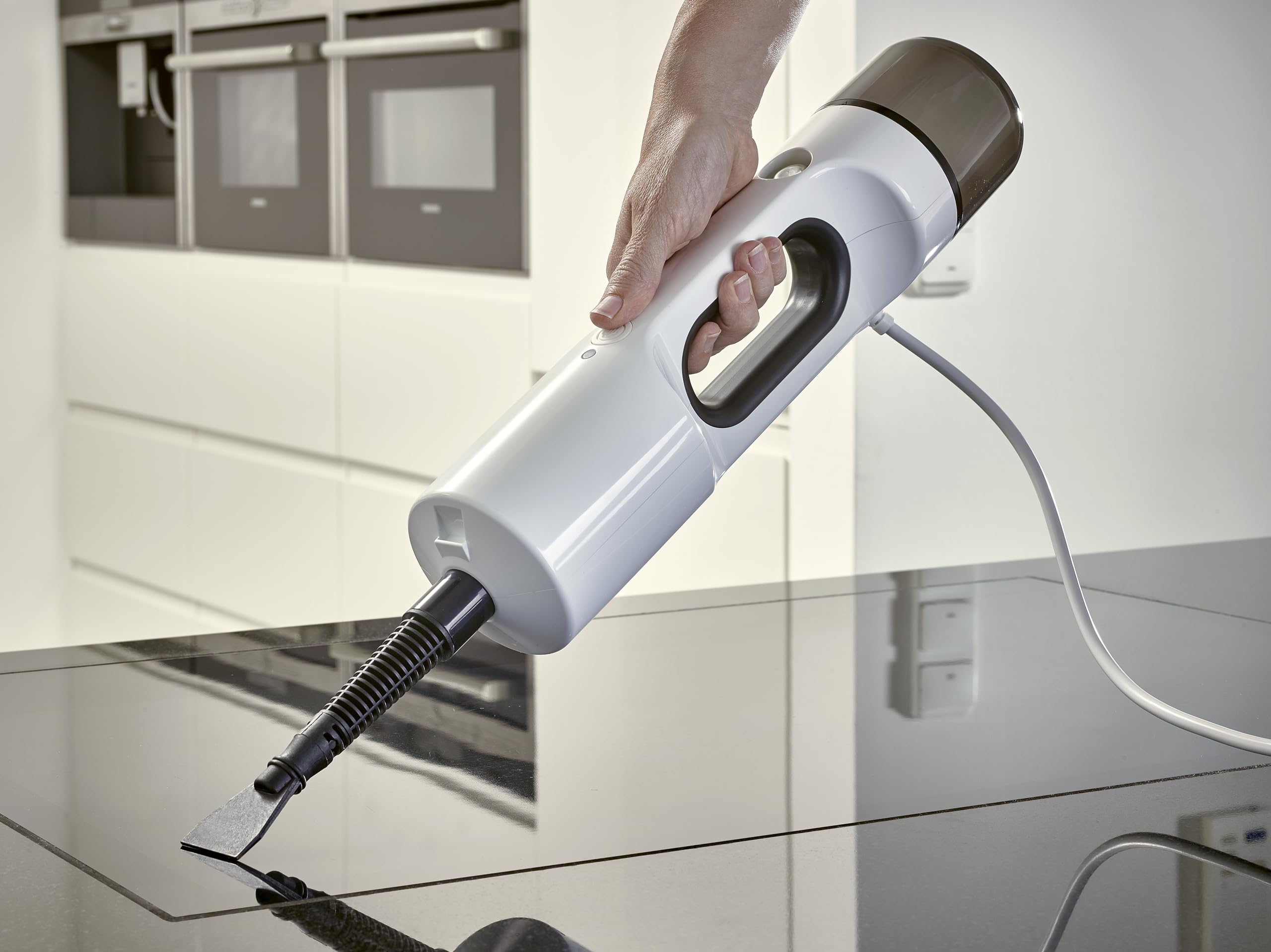 SEVERIN Limpiador de vapor con accesorios, fregona eléctrica, limpiadora multiusos para alfombras, baldosas y suelos duros, baños y cocina para grifos, placas y más, blanco/negro, SC 7142