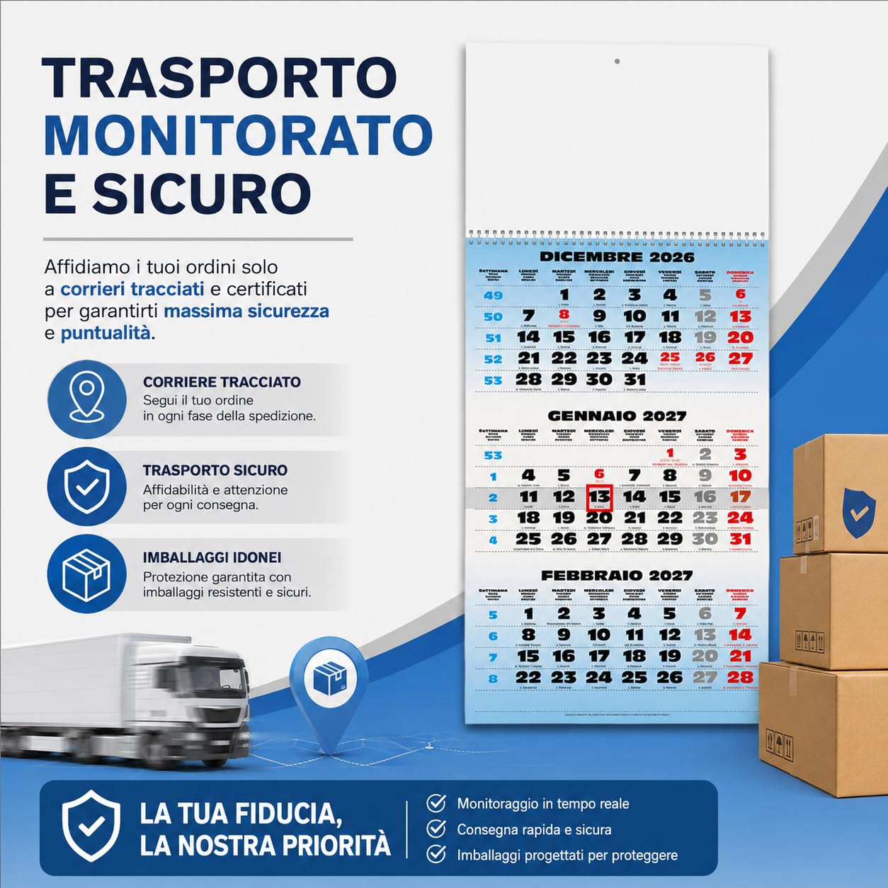 Calendari Personalizzati 2027 in Stock da 50 Pezzi Olandese Trittico Maxi 31x69 cm per Gadget Pubblicitari di Fine Anno e come Omaggio per i Clienti o Regali Aziendali | PA508