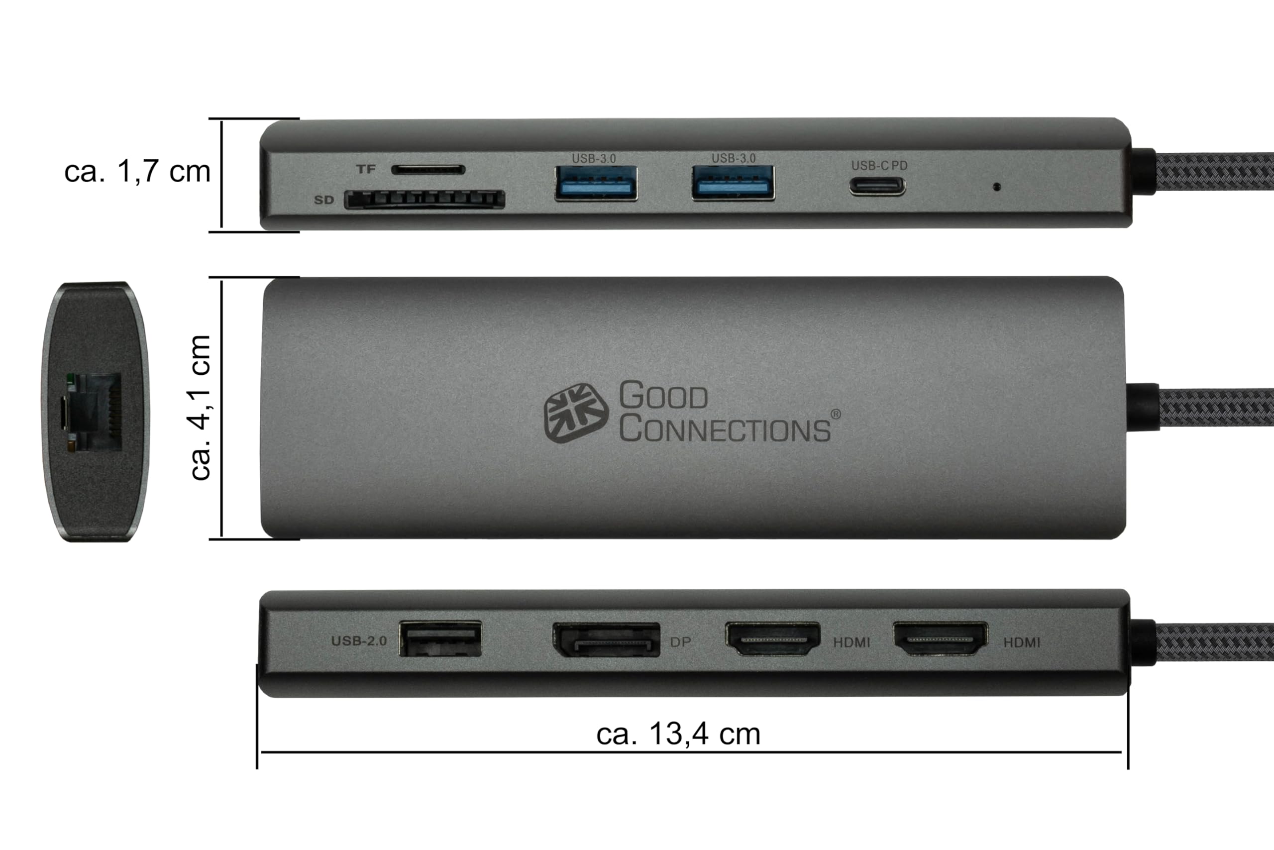 Good Connections Koncentrator USB-C™ (10 portów), 2 x HDMI 2.0, 1 x DP, 1 x USB-C™ (PD 96W), 2 x USB 3.0 A, 1 x USB 2.0 A, 1 x RJ45, 1 x czytnik kart, antracyt
