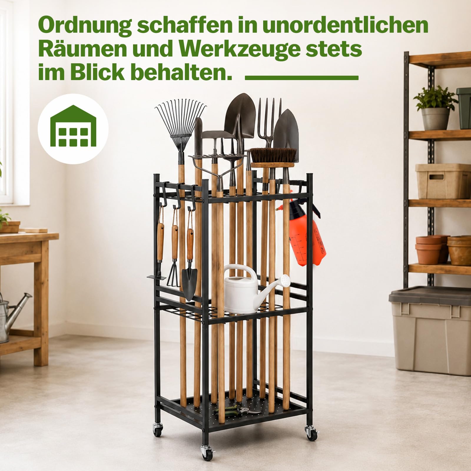 Gartenwerkzeug Organizer auf Rollen, Gartengeräte Aufbewahrung Ständer
