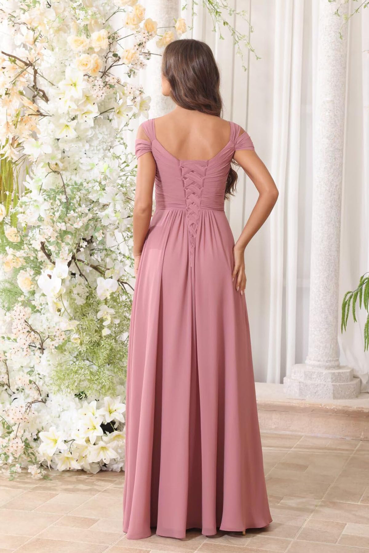 JAEDEN Off Shoulder Chiffon Brautjungfernkleider Damen Lang Abendkleider A-Linie Hochzeitsgäste Kleider