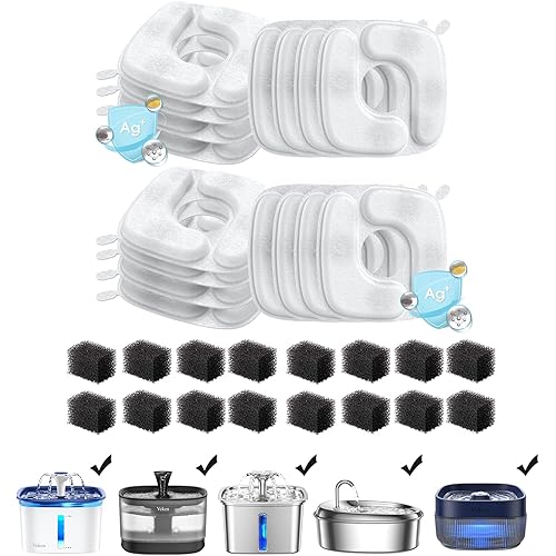 Veken Cat Water Fountain Filters, 16 Pack Replacement Filters & 16 Pack Replacement Pre-Filter Sponges Set for 50oz, 84oz, 95oz Automatic Pet Fountain Dog Water Dispenser