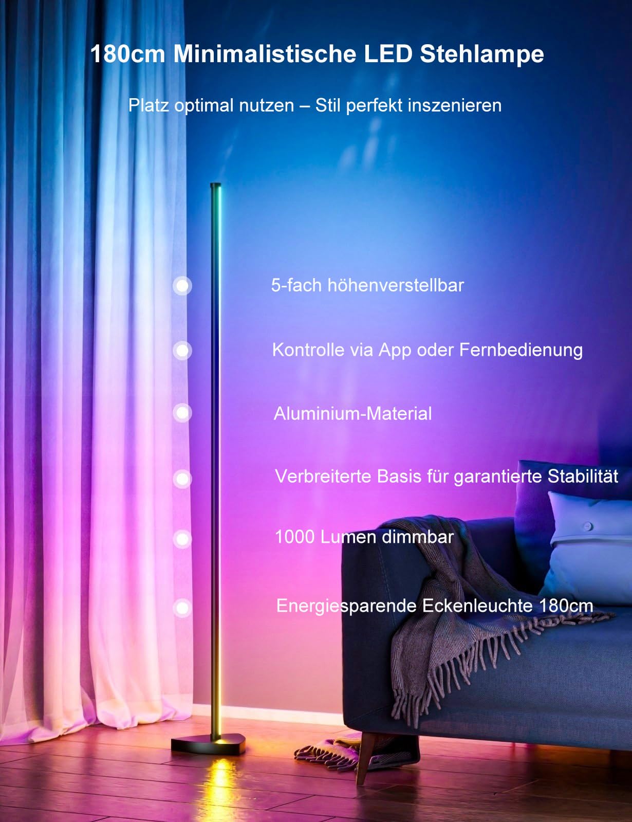Lampada da terra a LED, 180 cm, con telecomando e controllo app, 16 milioni di colori fai da te, musica sincronizzata, luce bianca calda, ad angolo, per soggiorno, camera da letto, sala giochi