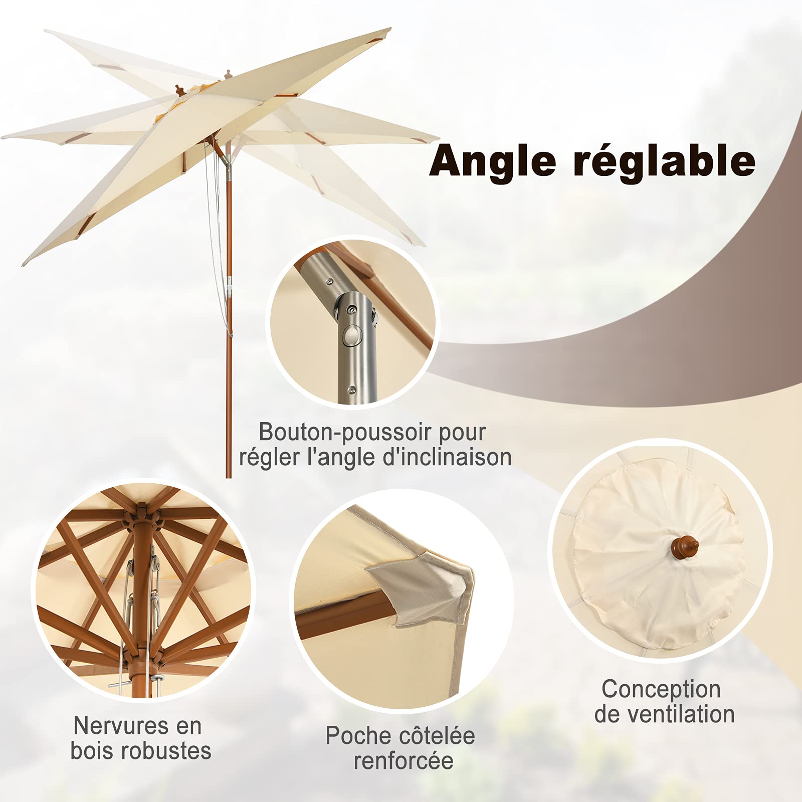 GOPLUS Parasol de Jardin Exterieur 3M, Parasol Inclinable à Corde en Bois avec 8 Baleines en Bambou, Levage par Poulie, Protection Solaire, pour Piscine, Cour, Base Non Incluse