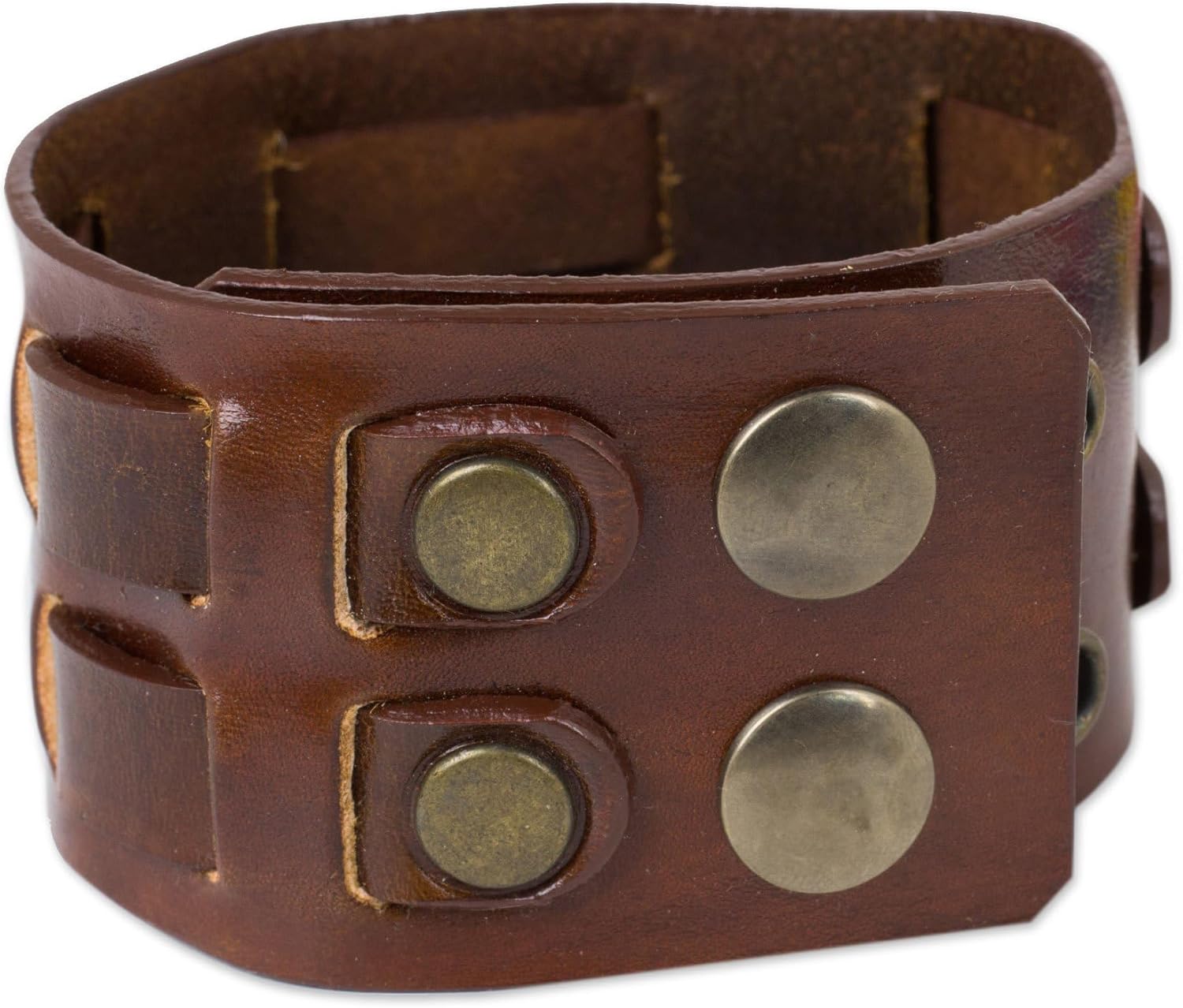 NOVICA Artisan Handmade Mens Leather Wristband Bracelet for Crafted by Brass Brown Thailand [7.75 in min L x 9.5 in max L x 1.6 in W] Rugd Weave in Brown