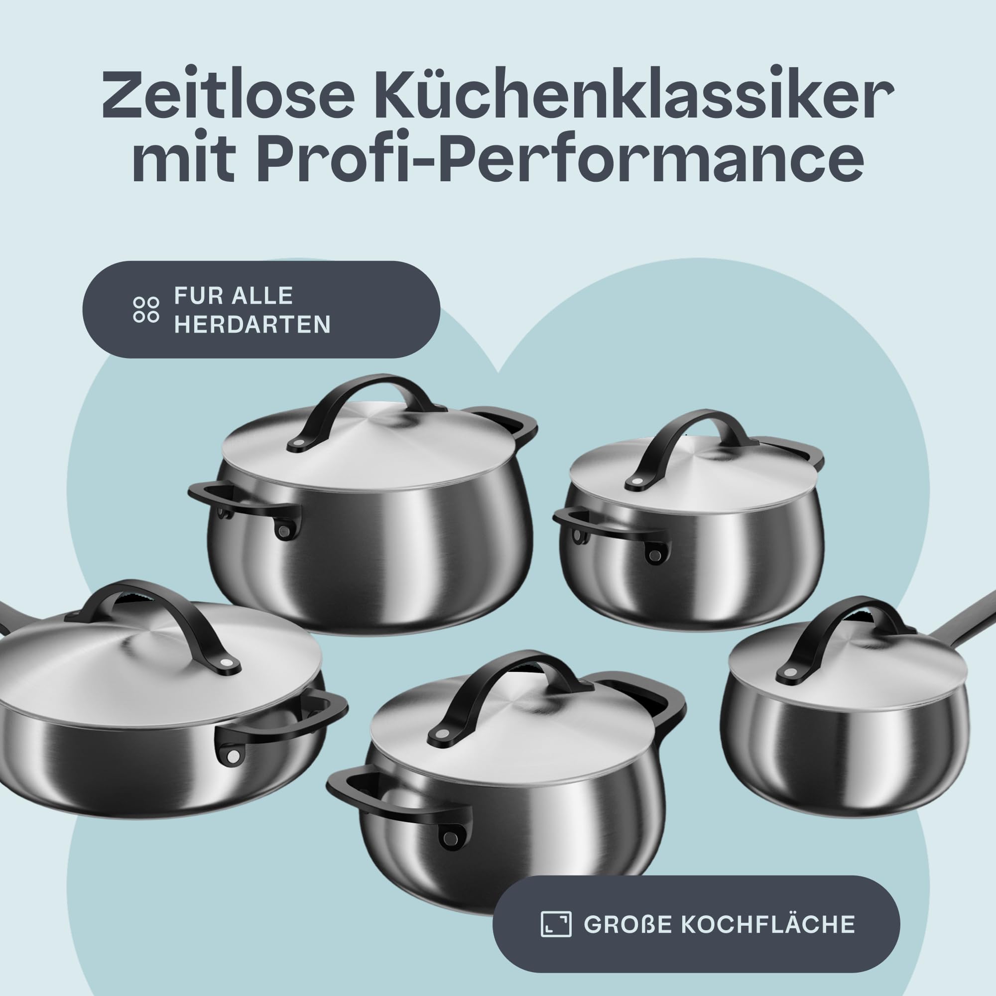 BergHOFF Home Topfset Edelstahl – 10-tlg. – Kochtopf Set mit Deckel - Töpfe Set Induktion, Ceran-, Gasherd & Elektroherd geeignet – Topf Set - schwarz