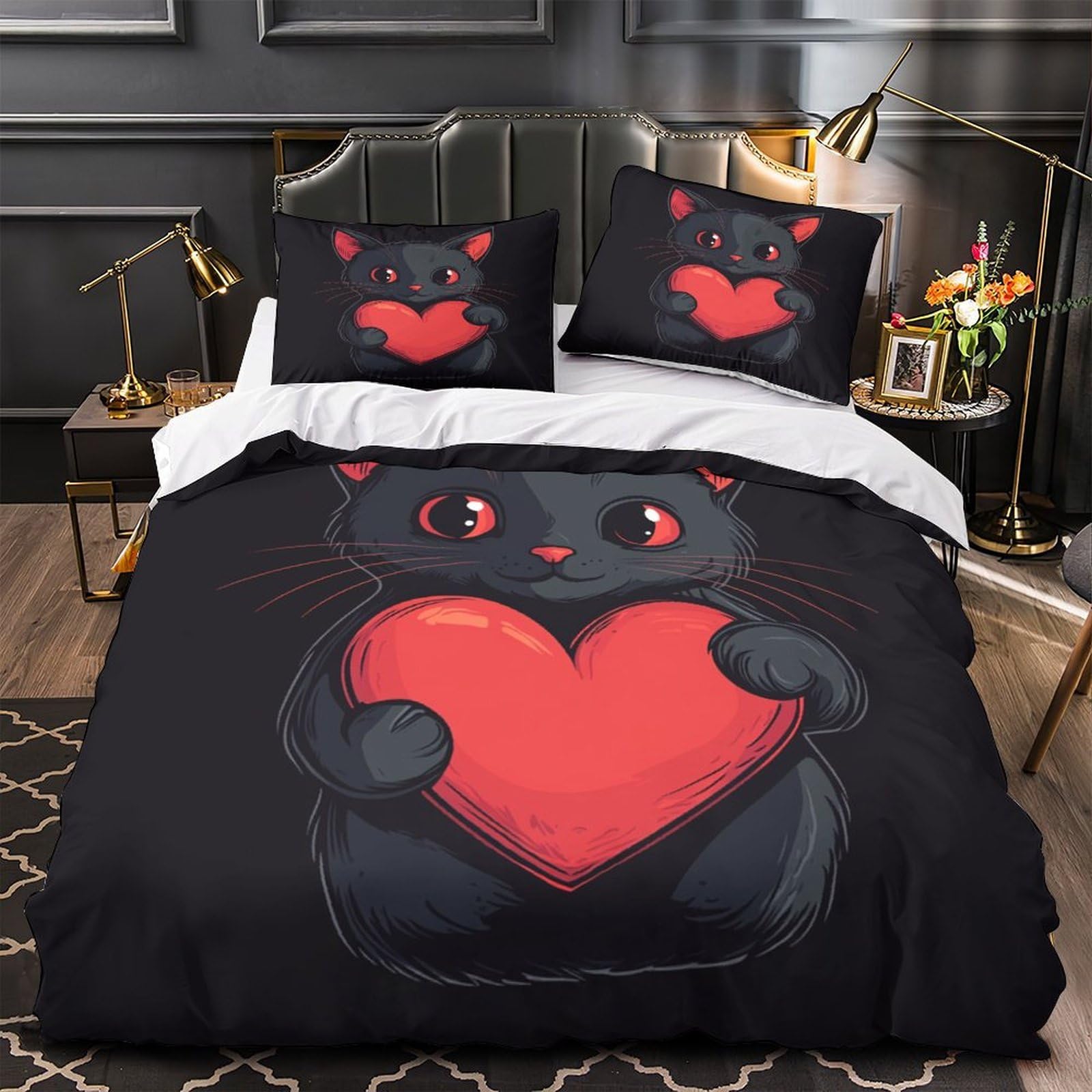Housse de Couette Chat Noir 3D Saint-Valentin - Cadeau Romantique et Original Lit King Size