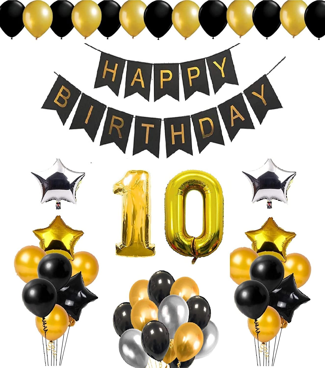 Kanak Decor Birthday Kit - Gold Number Foil Balloon With HAPPY BIRTHDAY Gold Banner And 6 Star Foil And 30 Pcs. Golden, Black And Silver Balloon Best For Boys, Girls & Kids (Pack Of 51) (10 Years)