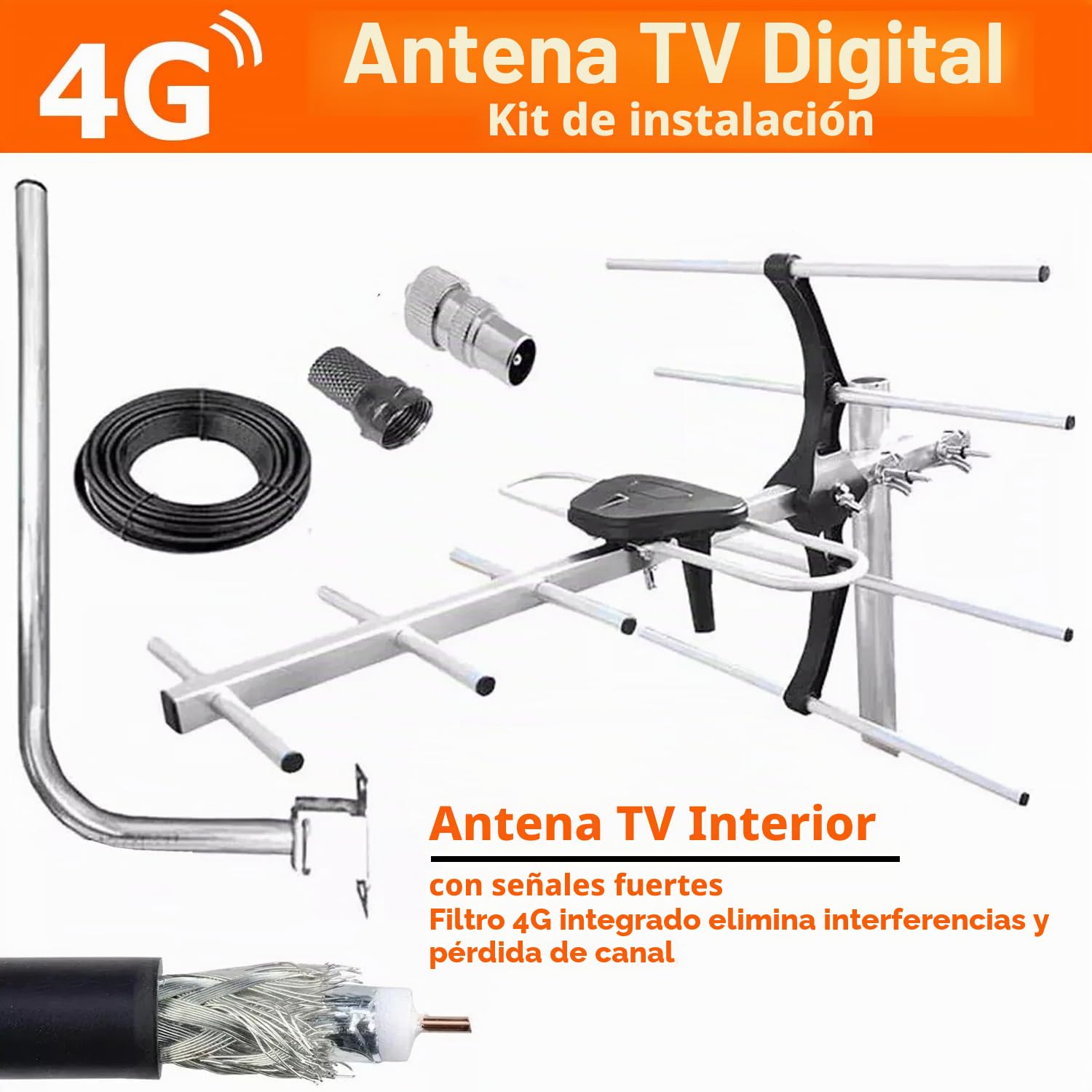 Kit de instalación de antena de TV digital 4G para exteriores, antena de techo para TV digital Smart Freeview HD al aire libre + conector coaxial macho hembra de 10 m RG6 tornillos de fijación de