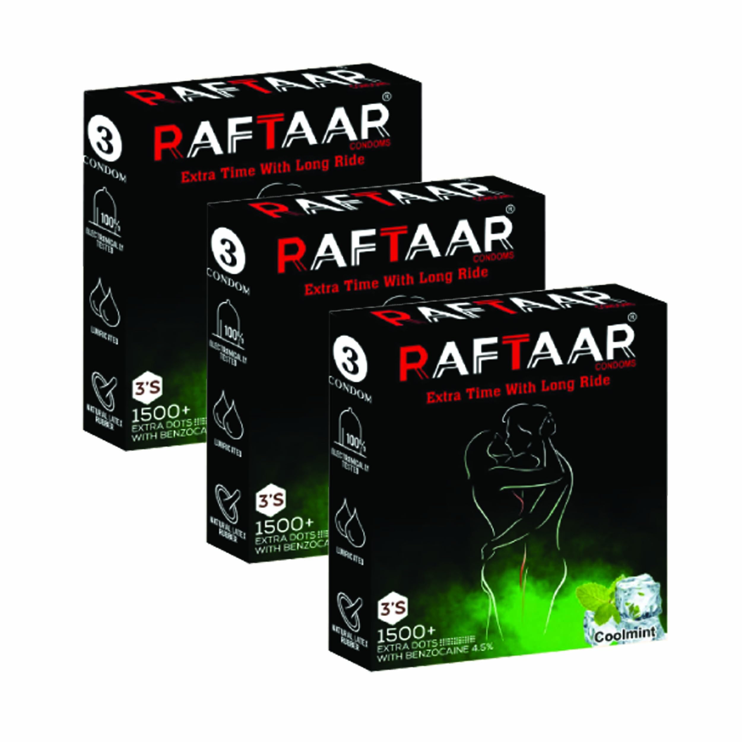 RAFTAAR Coolmint Flavoured 1500+ Extra Dots Long Last Pleasure Condoms 3 count each Pack of 3 total 9 condoms for Men-image-9