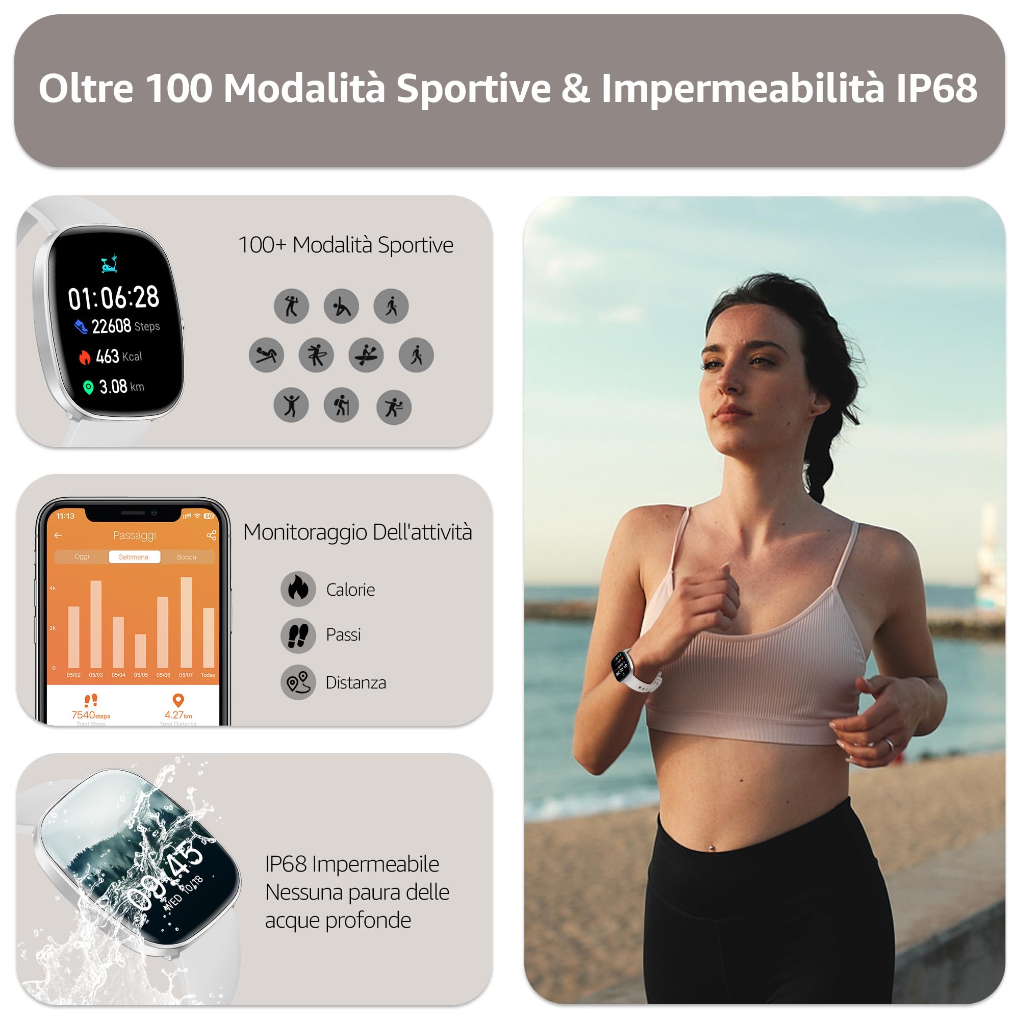 Smartwatch Uomo Donna (Rispondi/Effettua Chiamate), 1.83" Orologio Smartwatch con Contapassi/Sonno/SpO2/Cardiofrequenzimetro, 100+ Modalità Sportive, IP68 Impermeabile Fitness Tracker per iOS Android