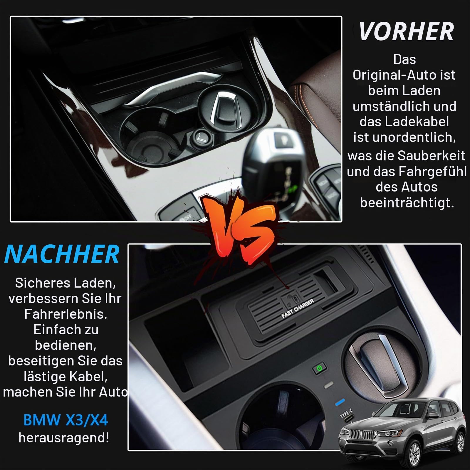 Kabelloses Ladegerät für BMW X3/X4 2014 2015 2016 2017 Zubehör, OEM-Stil Schnellladendes Handy-Ladegerät für BMW X3 X4 F25 F26 2014-2017 Mittelkonsolen-Innenraum-Autoinnenraum